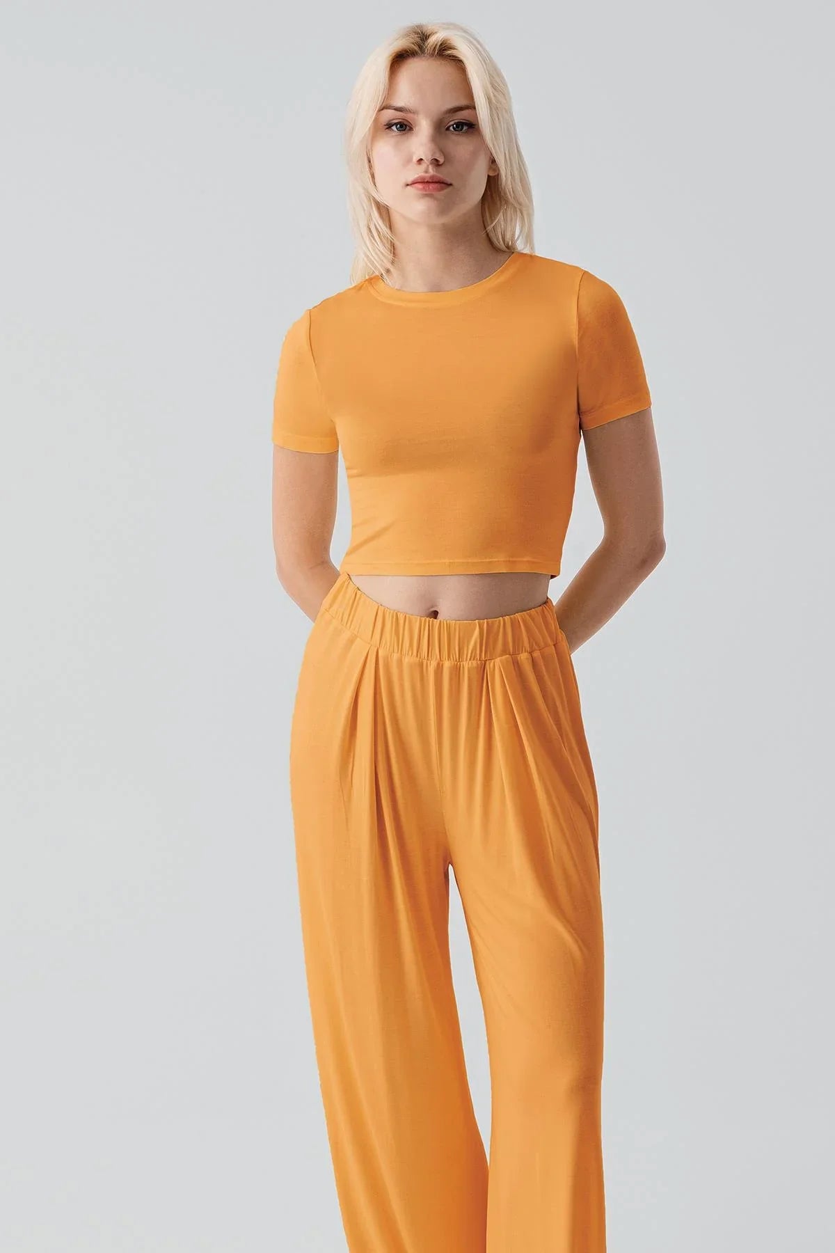 Kısa Kollu Crop Bol Paça Esnek Viskoz Pijama Takım 17216 - Artış Collection