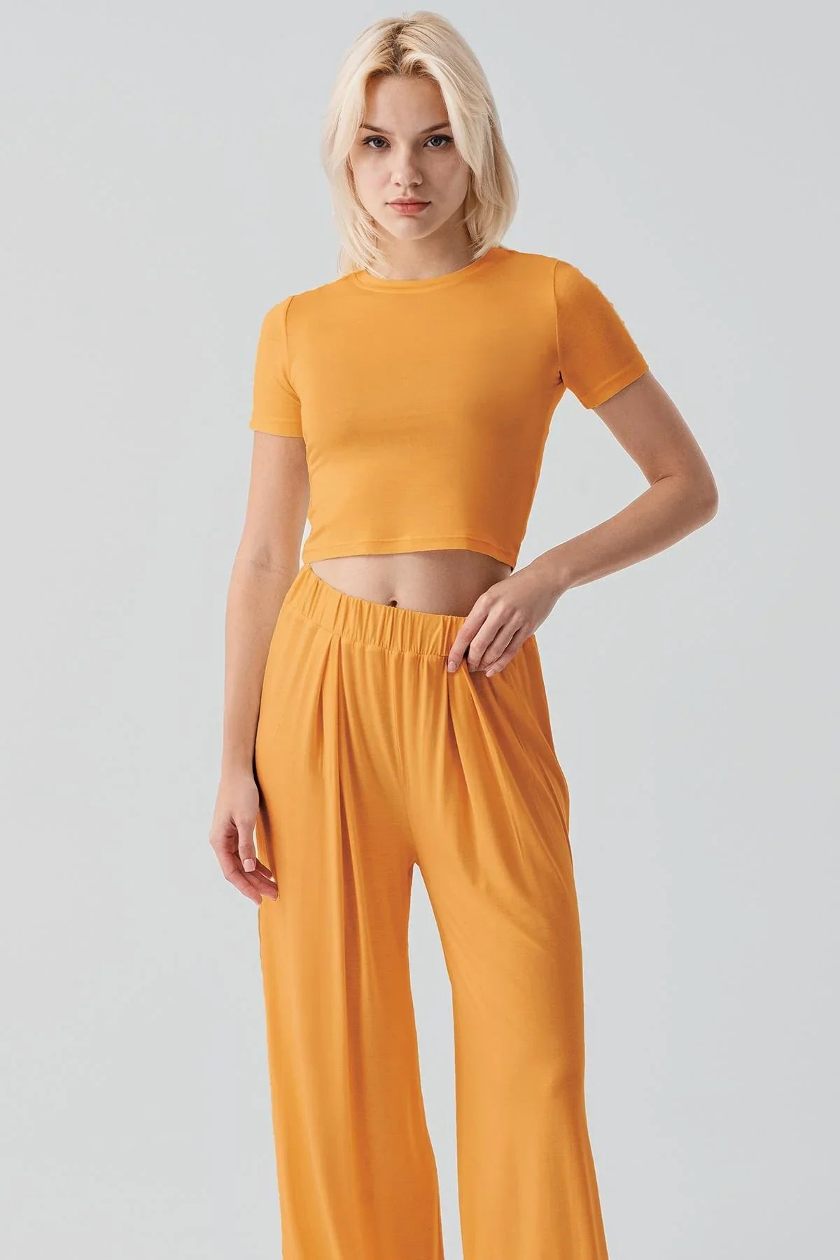 Kısa Kollu Crop Bol Paça Esnek Viskoz Pijama Takım 17216 - Artış Collection