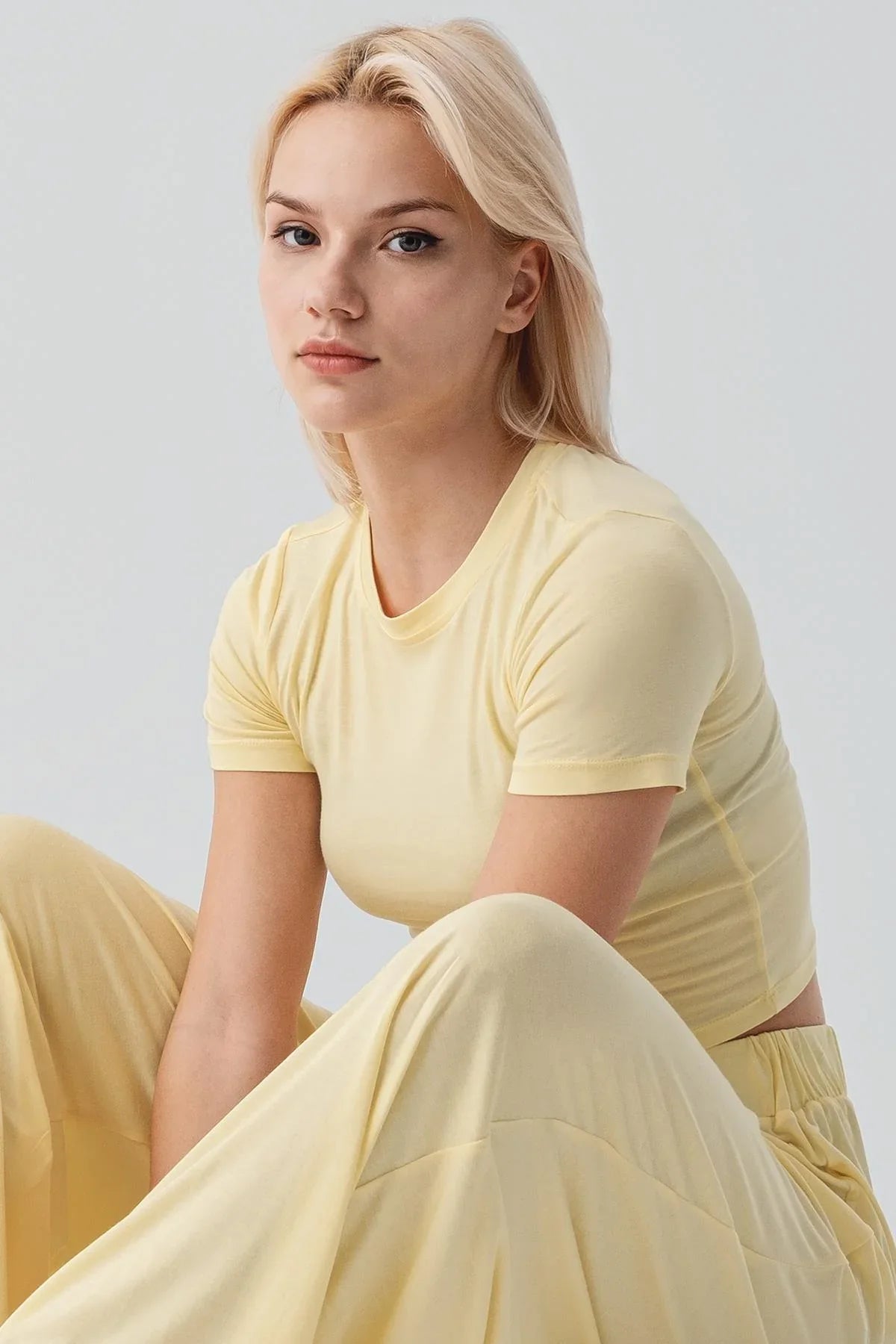 Kısa Kollu Crop Bol Paça Esnek Viskoz Pijama Takım 17216 - Artış Collection