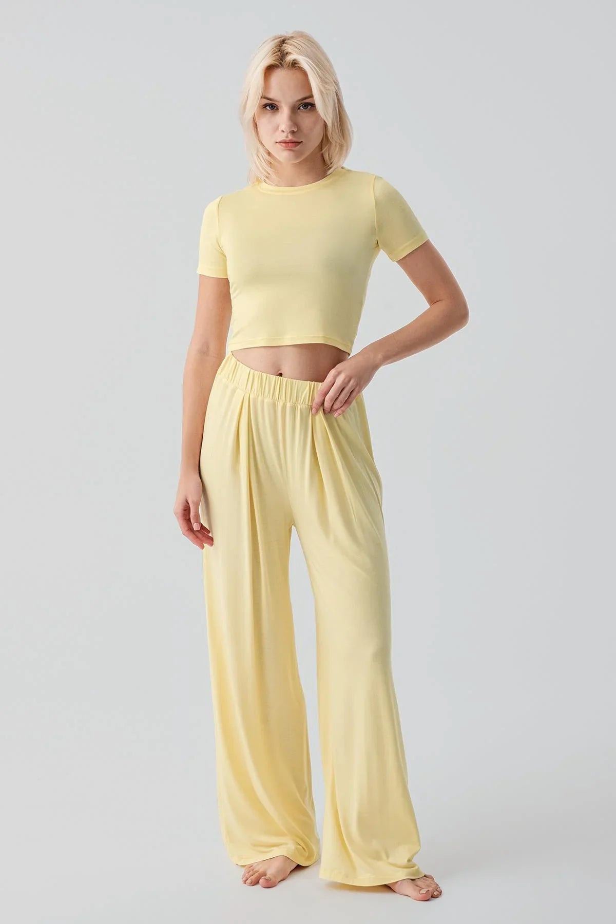 Kısa Kollu Crop Bol Paça Esnek Viskoz Pijama Takım 17216 - Artış Collection