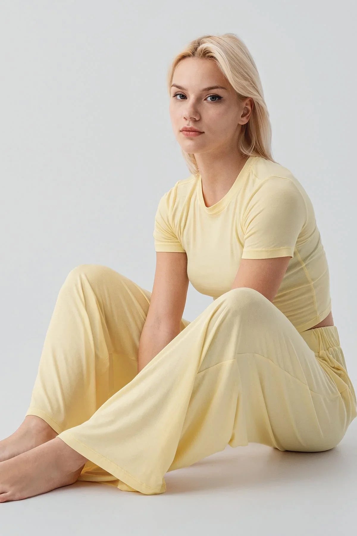 Kısa Kollu Crop Bol Paça Esnek Viskoz Pijama Takım 17216 - Artış Collection