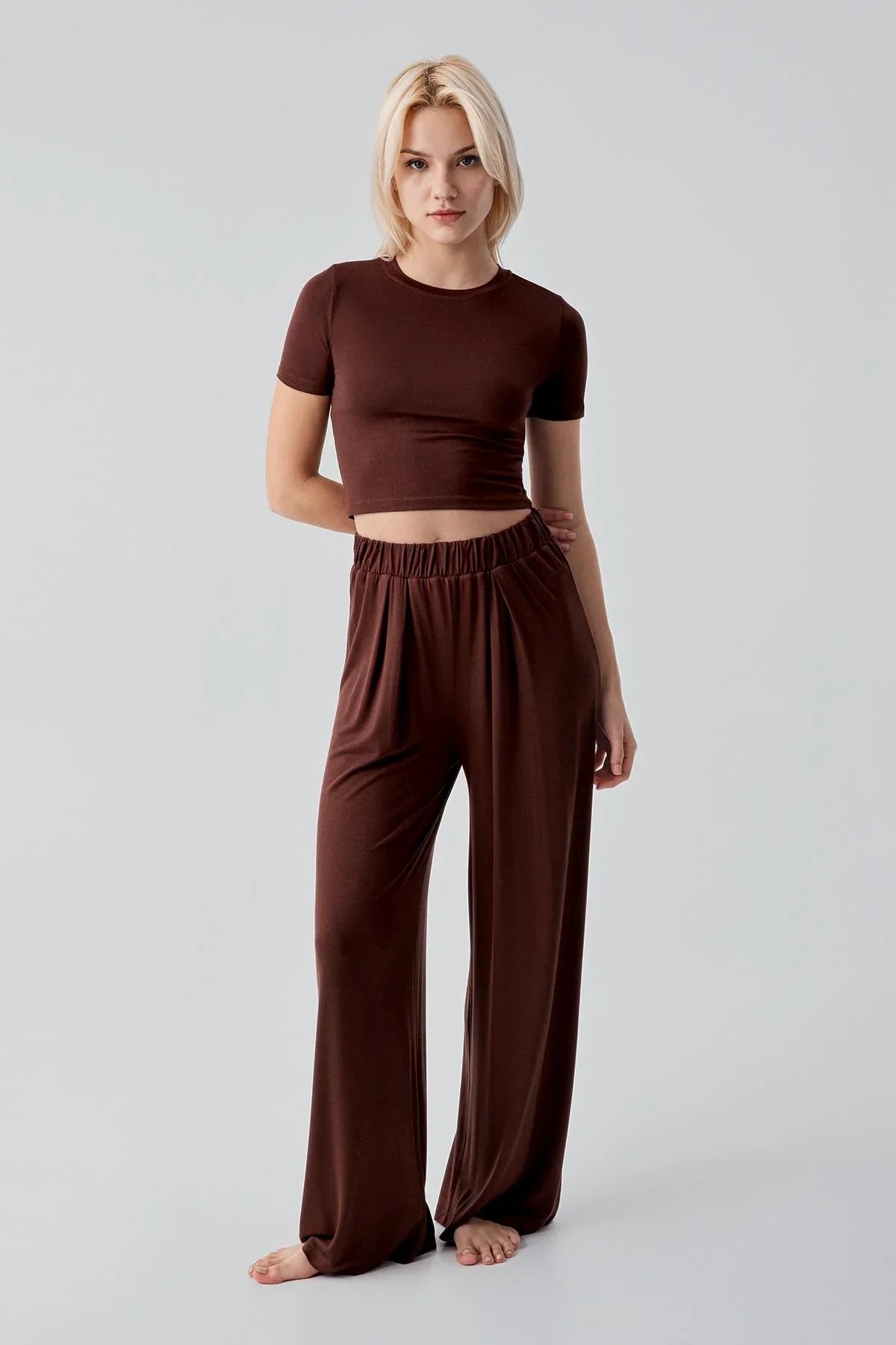 Kısa Kollu Crop Bol Paça Esnek Viskoz Pijama Takım 17216 - Artış Collection