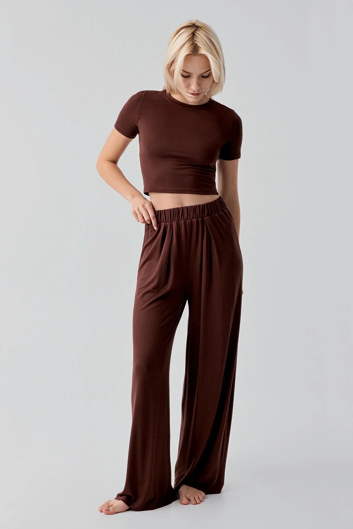 Kısa Kollu Crop Bol Paça Esnek Viskoz Pijama Takım 17216 - Artış Collection