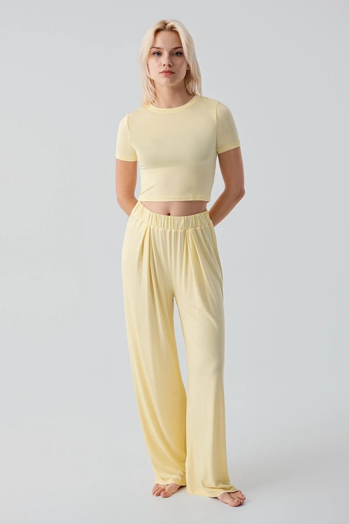 Kısa Kollu Crop Bol Paça Esnek Viskoz Pijama Takım 17216 - Artış Collection