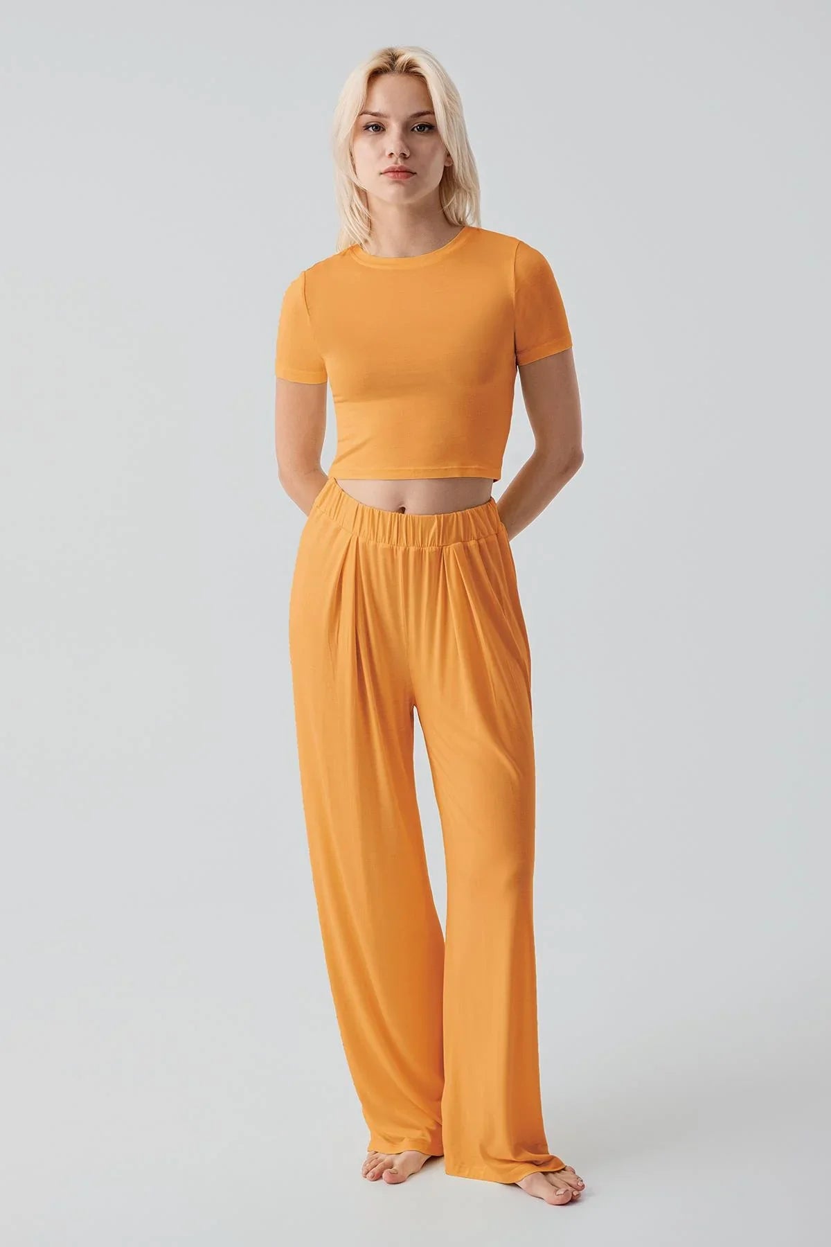 Kısa Kollu Crop Bol Paça Esnek Viskoz Pijama Takım 17216 - Artış Collection