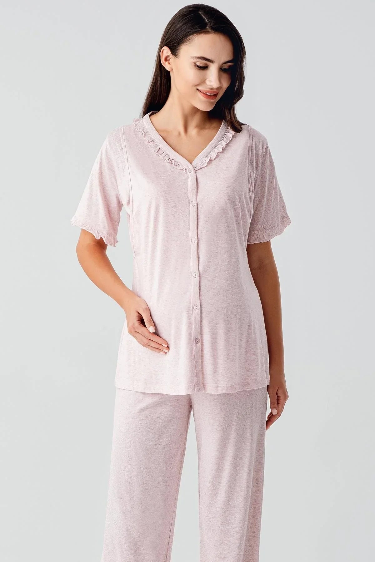 Kısa Kollu Düğmeli Esnek Pamuklu Kumaş Hamile Pijama Takım 17200