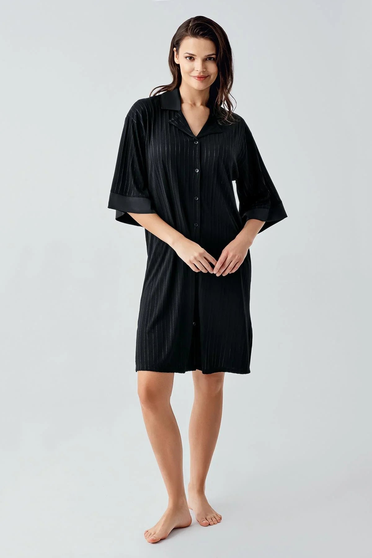 Kısa Kollu Düğmeli Esnek Viskoz Elbise 17102 - Artış Collection