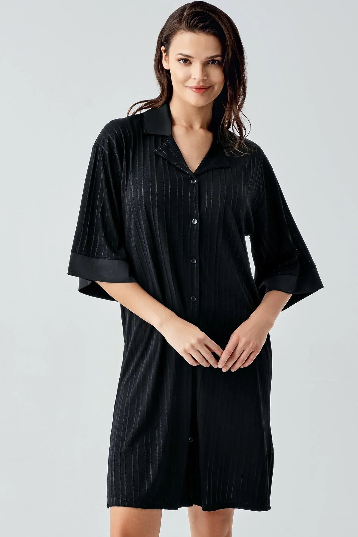 Kısa Kollu Düğmeli Esnek Viskoz Elbise 17102 - Artış Collection