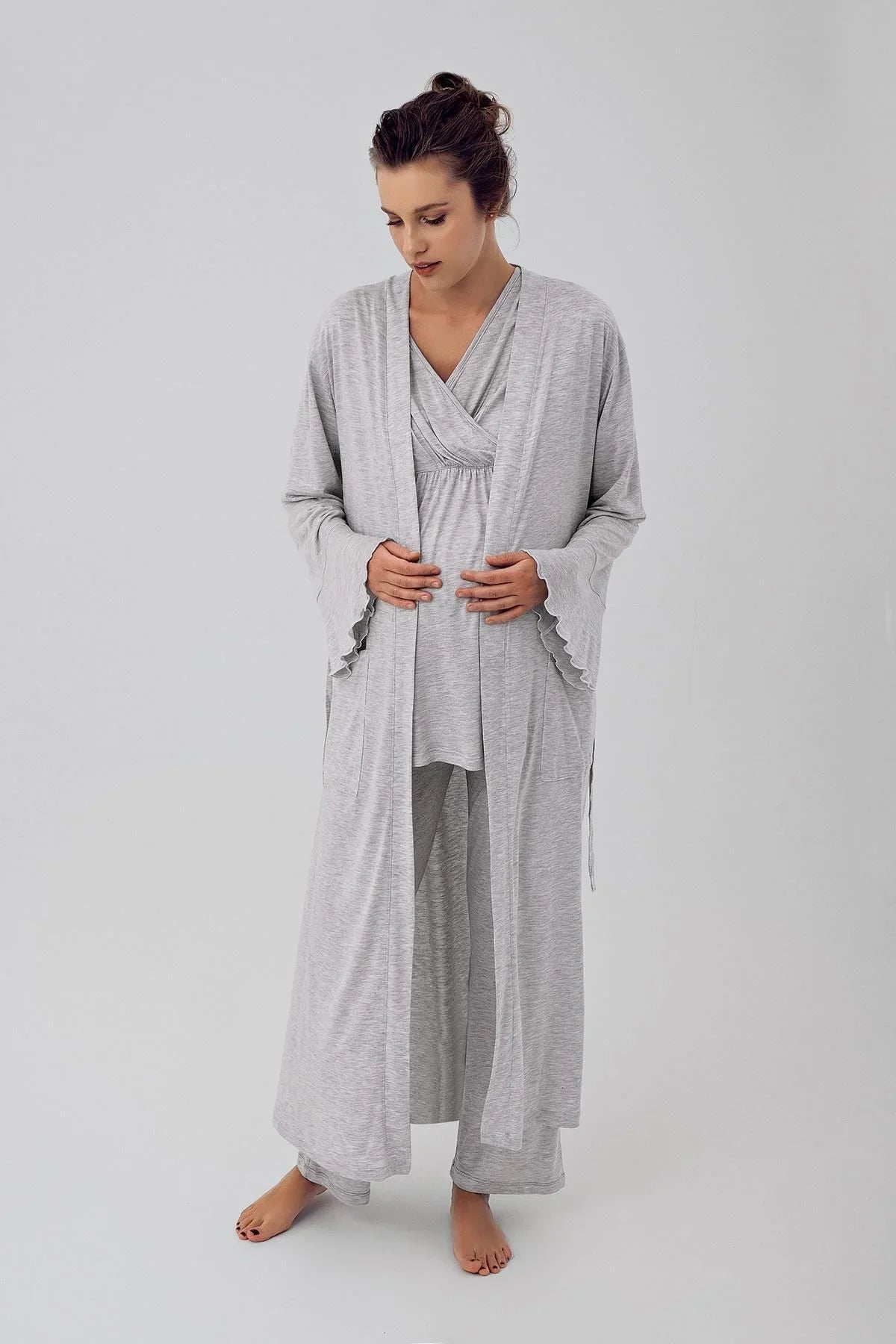 Kısa Kollu Esnek Likralı Viskoz Hamile Sabahlık Pijama Takımı 16309 - Artış Collection