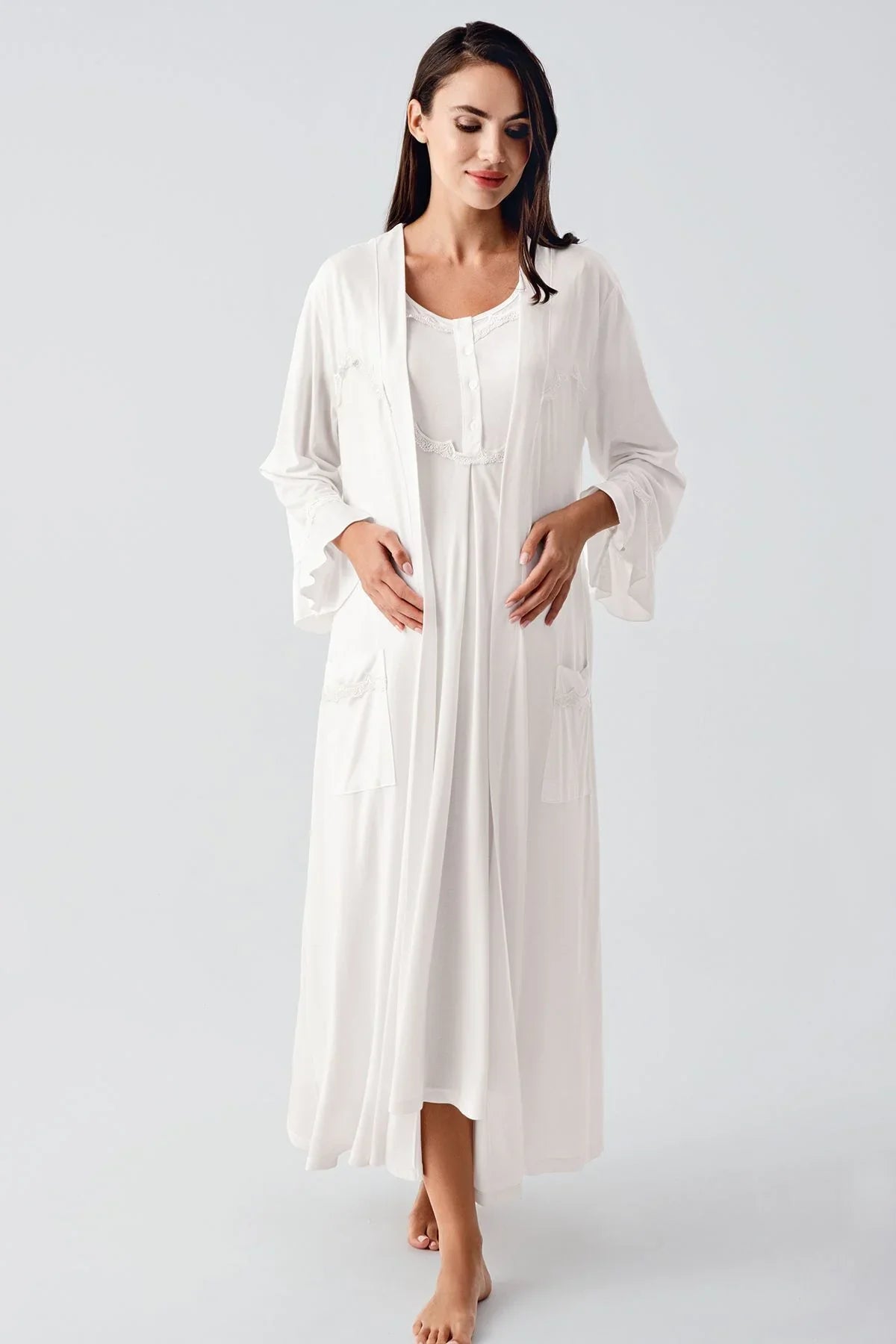 Kısa Kollu Esnek Viskoz Hamile Sabahlık Gecelik Takım 12401