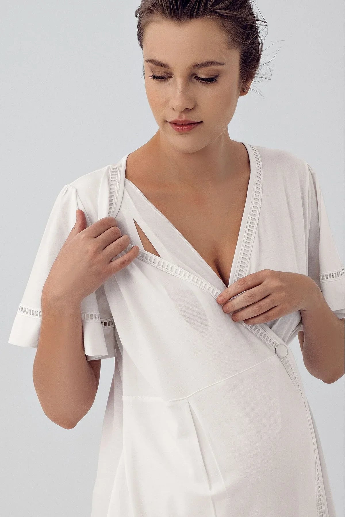 Short Sleeve Flexible Viscose Maternity Dressing Gown Nightgown Set 16400