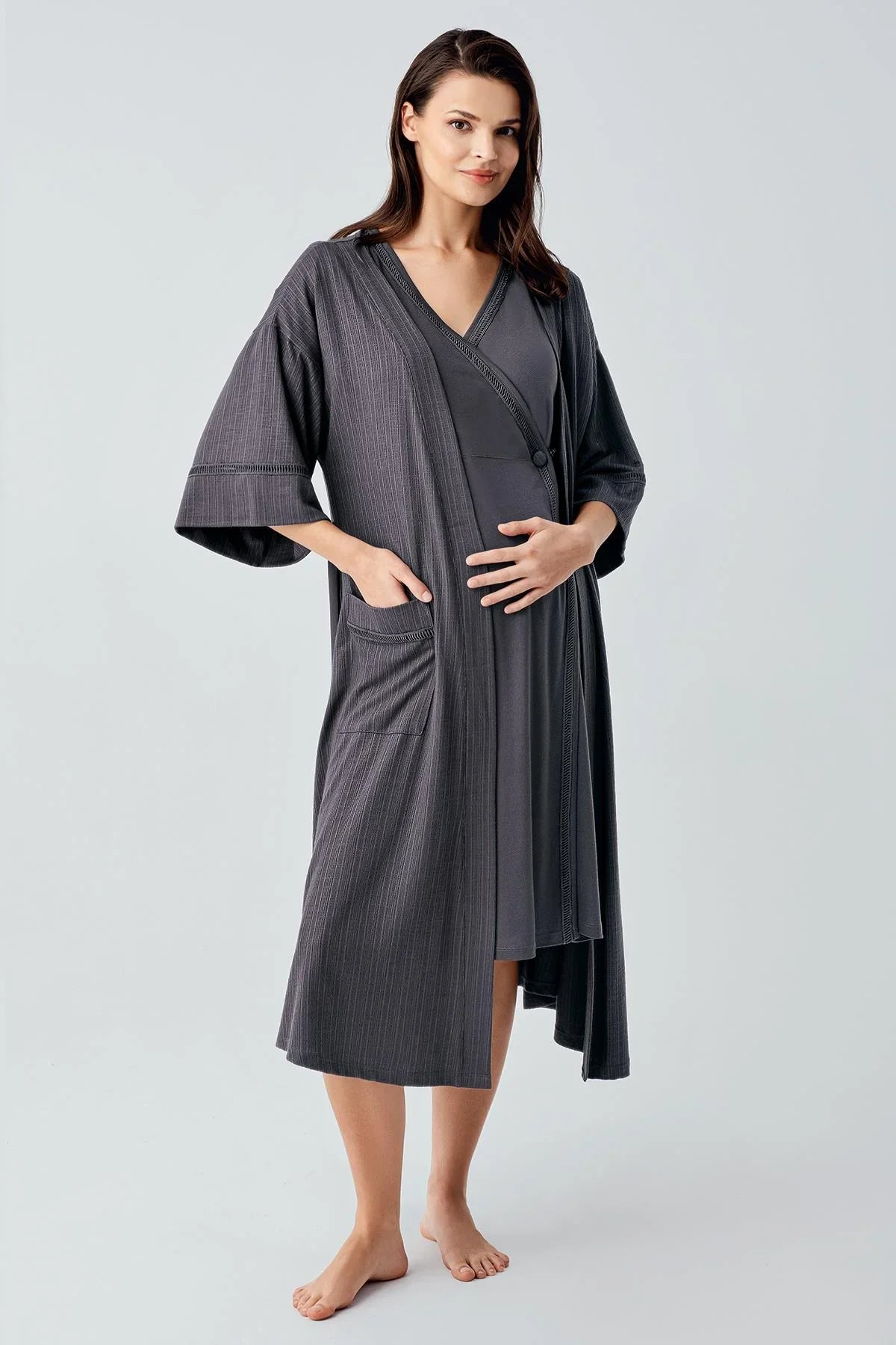 Short Sleeve Flexible Viscose Maternity Dressing Gown Nightgown Set 16400