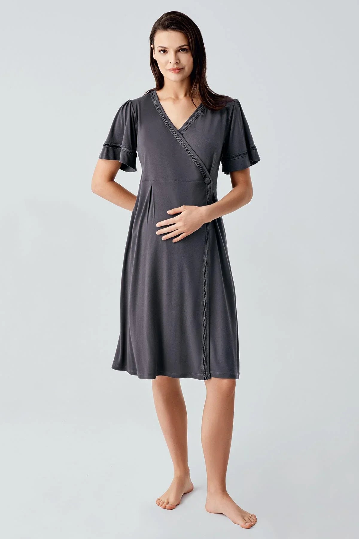 Short Sleeve Flexible Viscose Maternity Dressing Gown Nightgown Set 16400