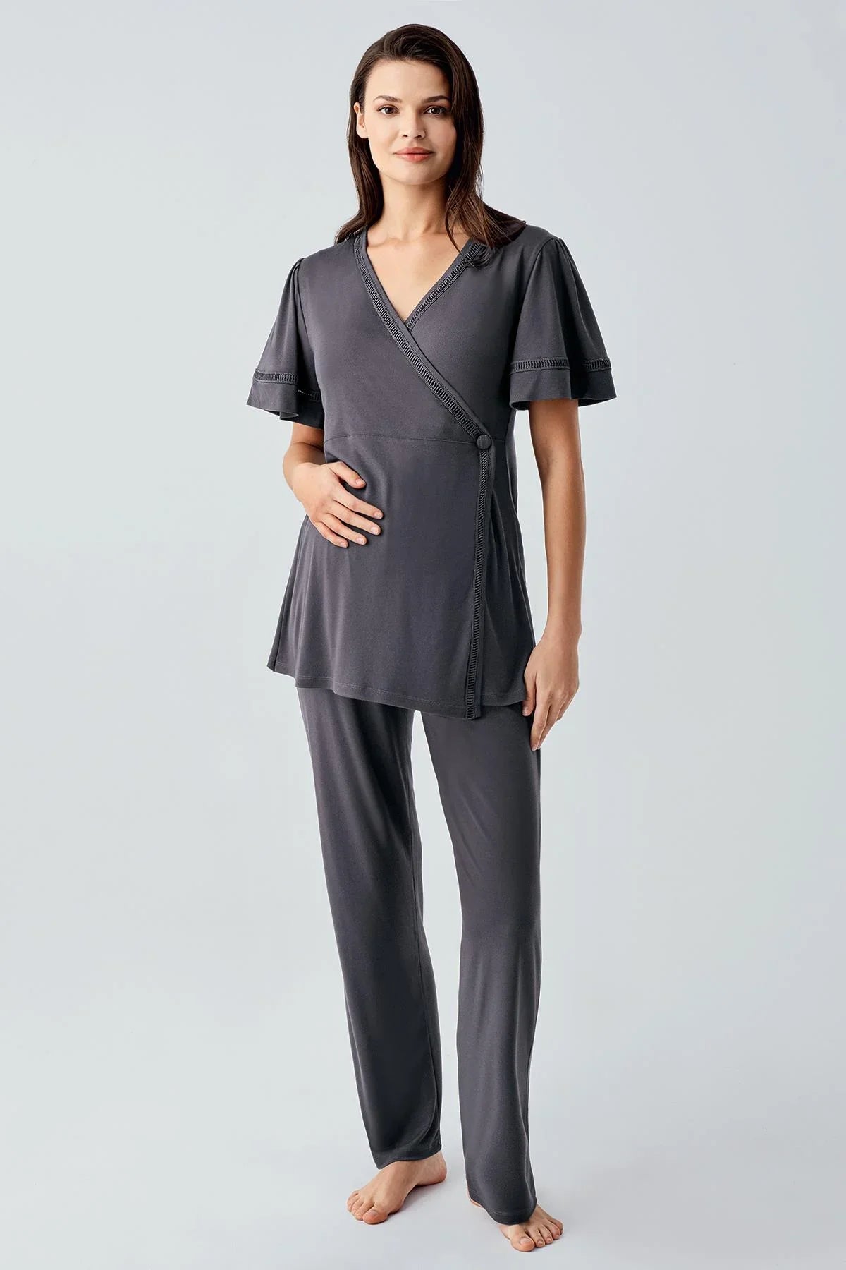 Short Sleeve Flexible Viscose Maternity Dressing Gown Pajama Set 10302