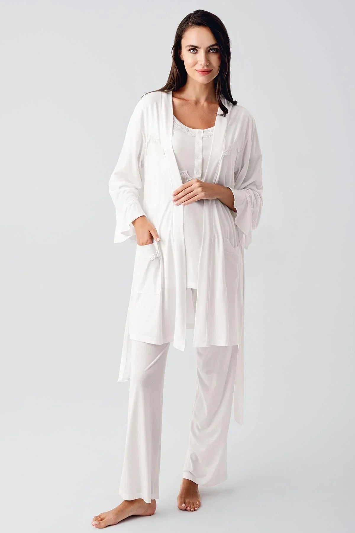 Kısa Kollu Esnek Viskoz Hamile Sabahlık Pijama Takım 23104