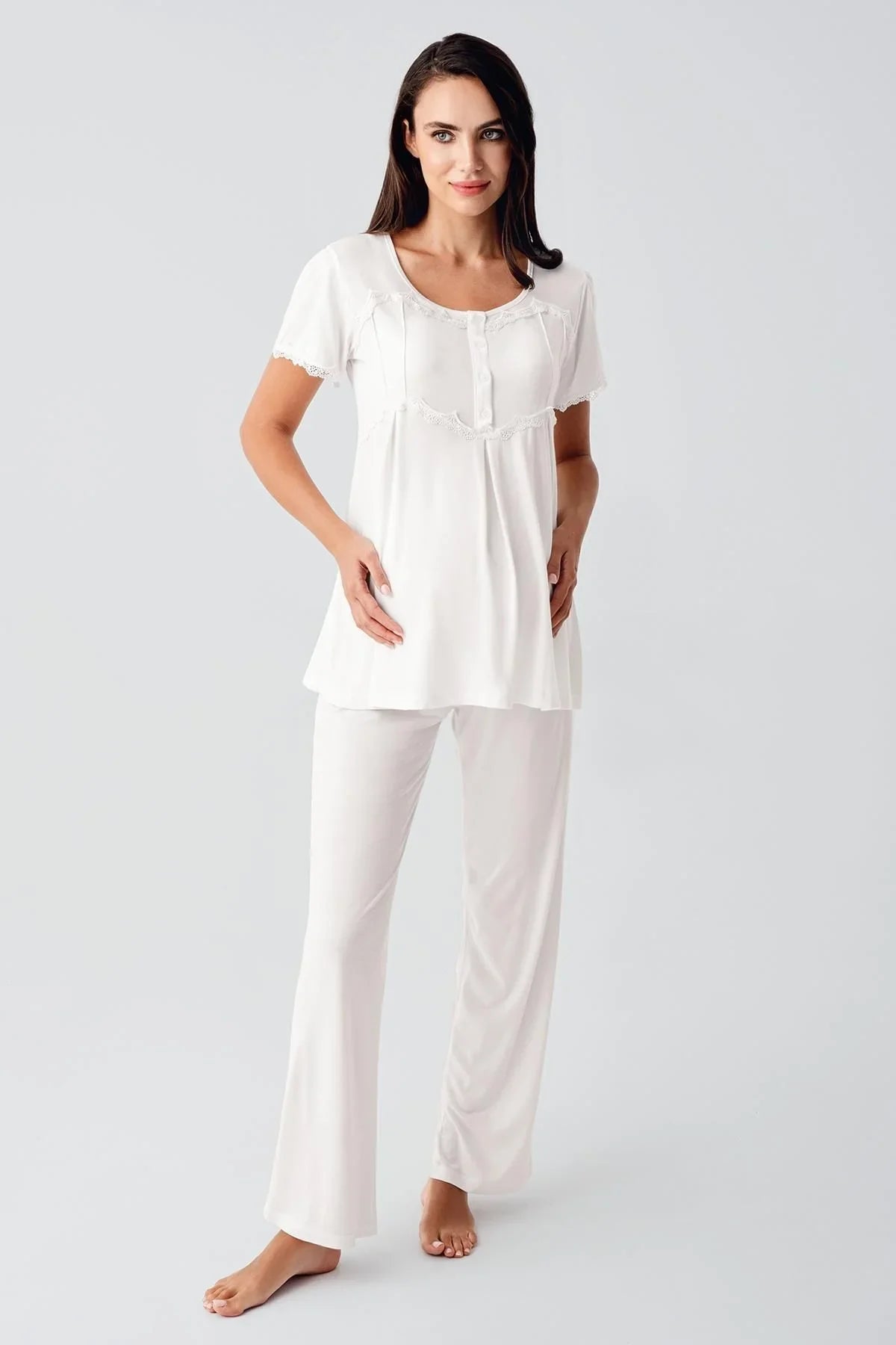 Kısa Kollu Esnek Viskoz Hamile Sabahlık Pijama Takım 23104