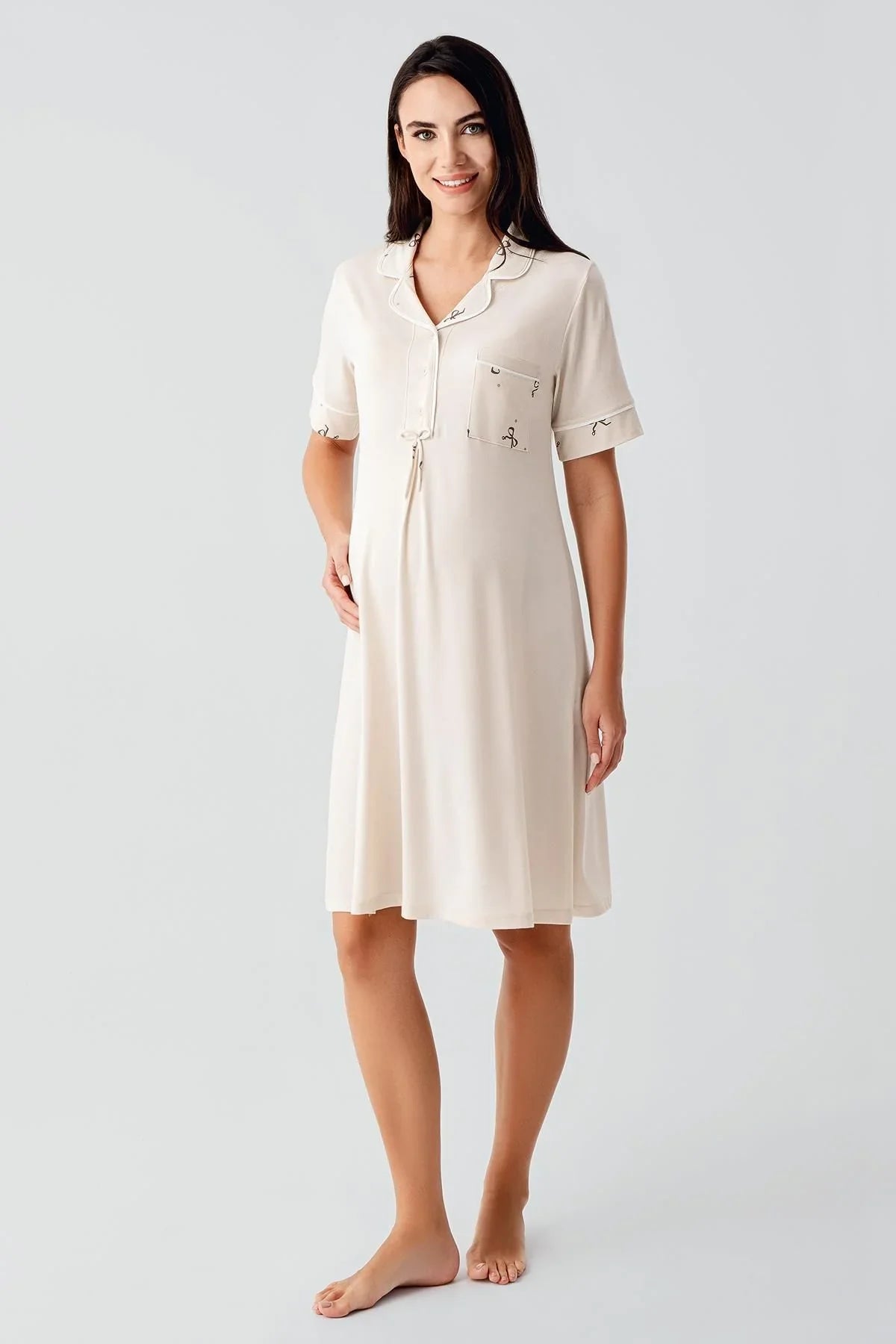 Short Sleeve Bow Patterned Buttoned Short Flexible Viscose Maternity Nightgown 17107