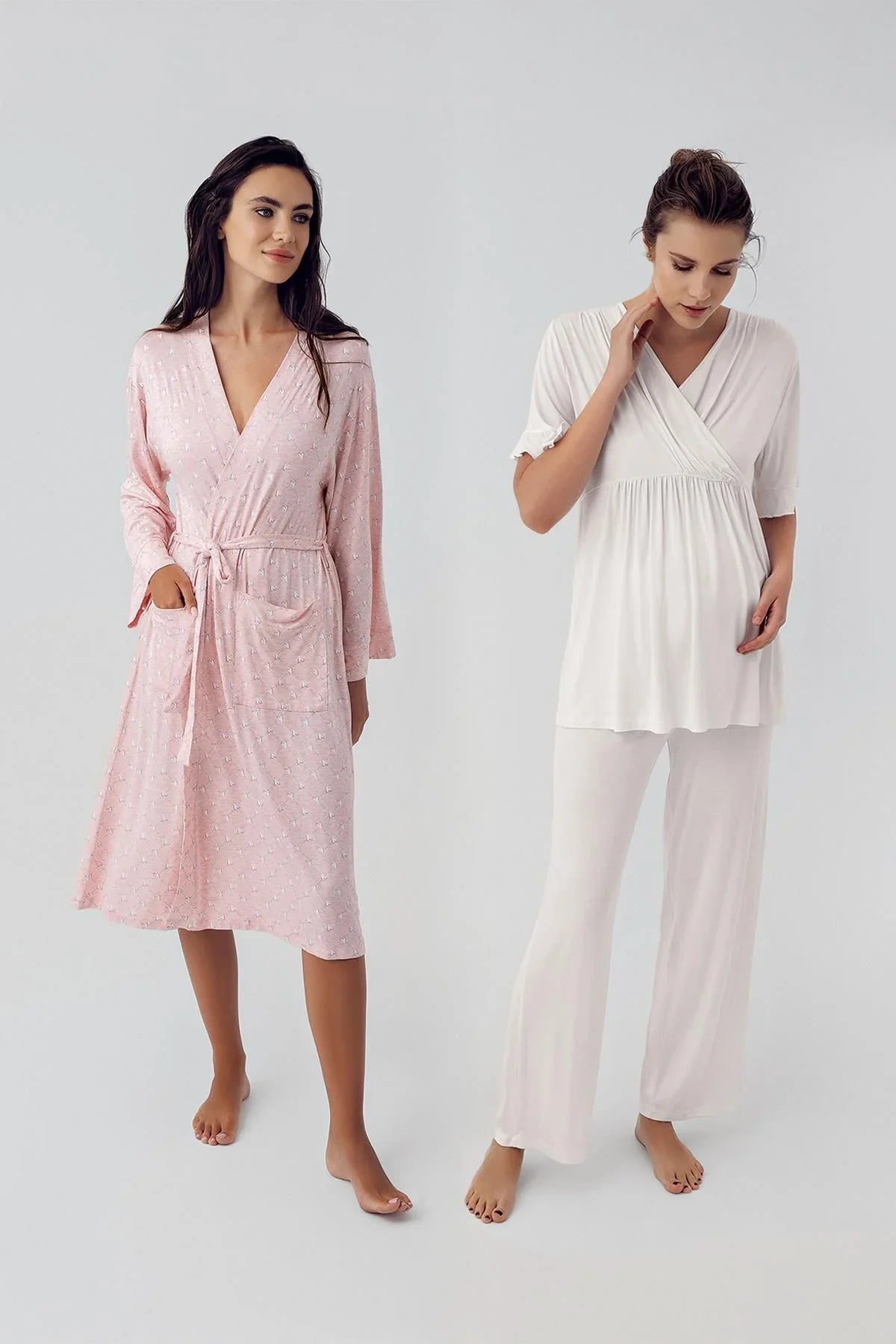 Short Sleeve Heart Patterned Flexible Lycra Viscose Maternity Dressing Gown Pajama Set 23113