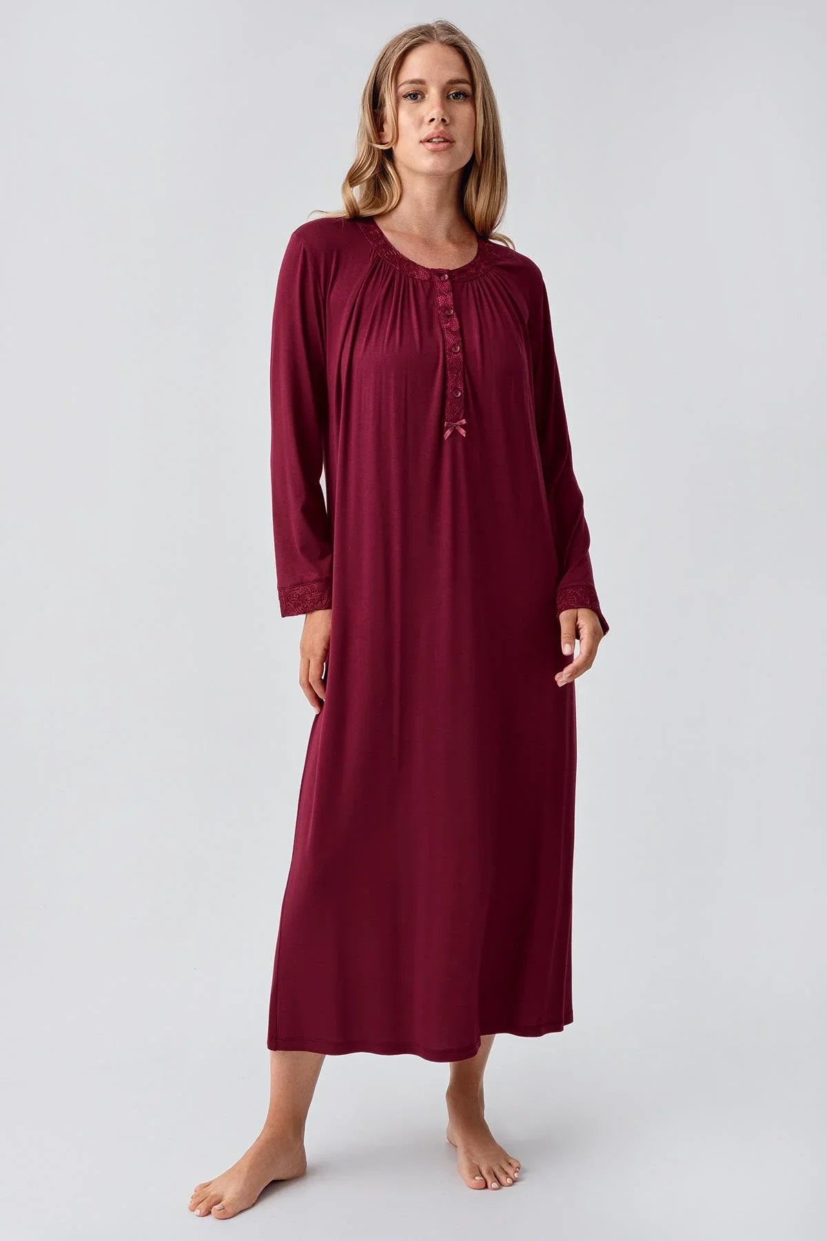 Uzun Kollu Düğmeli Esnek Viskoz Gecelik 18104 - Artış Collection