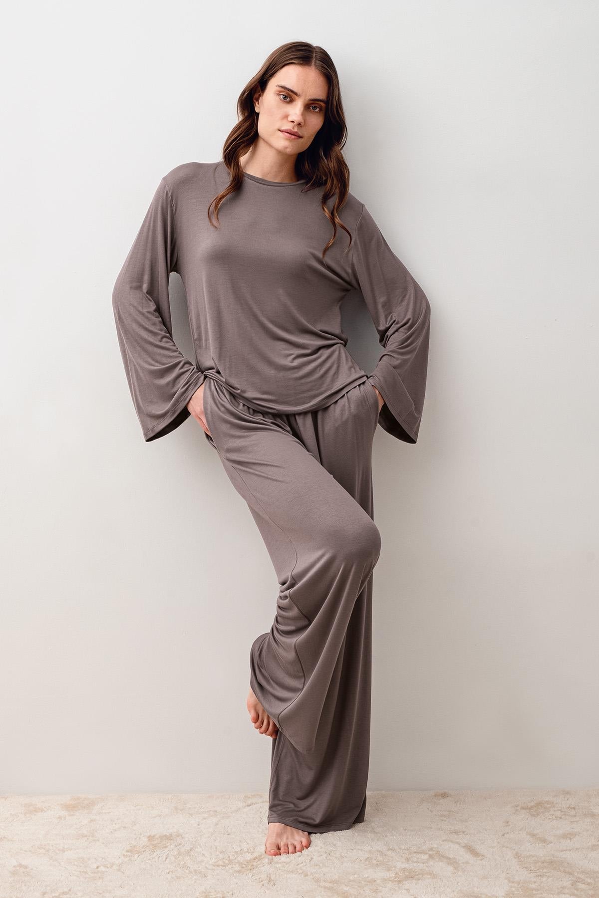 Uzun Kollu Oversize Basic Likralı Viskoz Alt Üst Takım 20210
