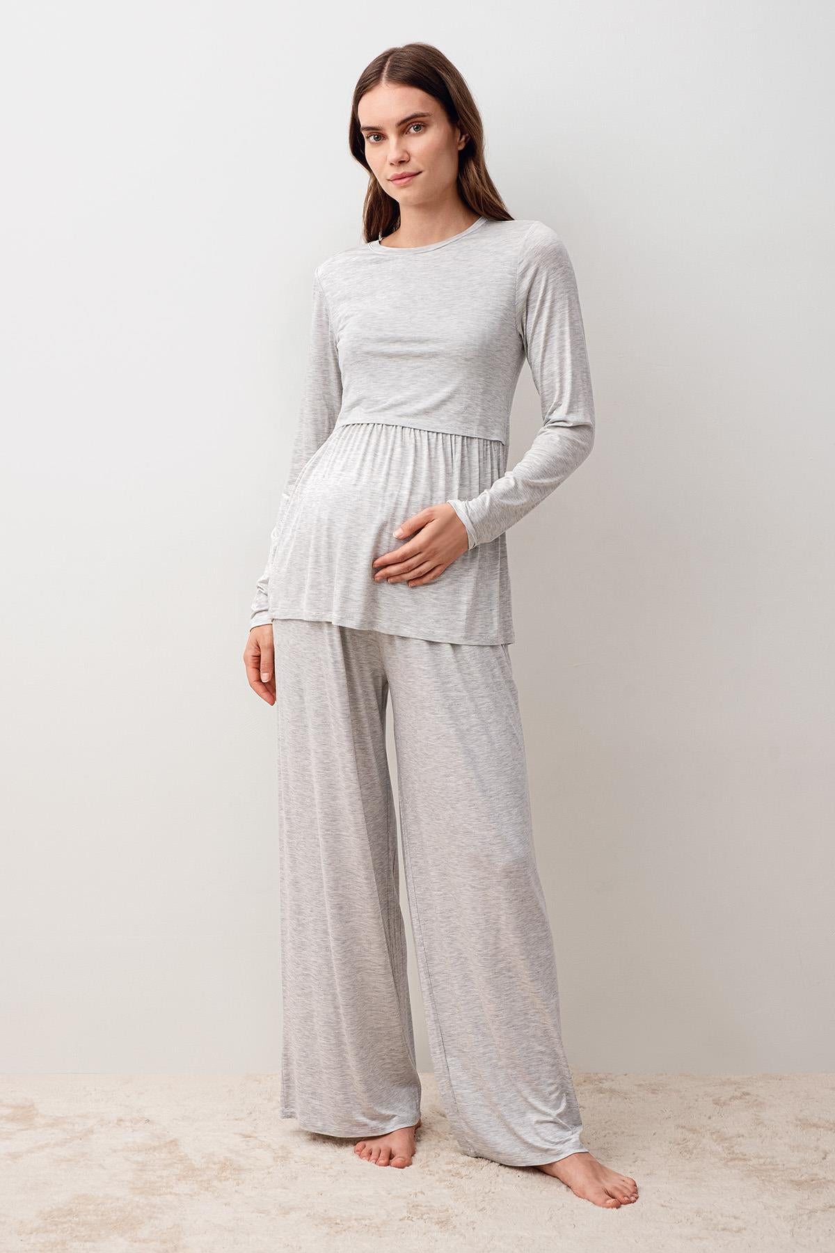 Uzun Kollu Esnek Viskoz Hamile Sabahlık Pijama Takım 20312