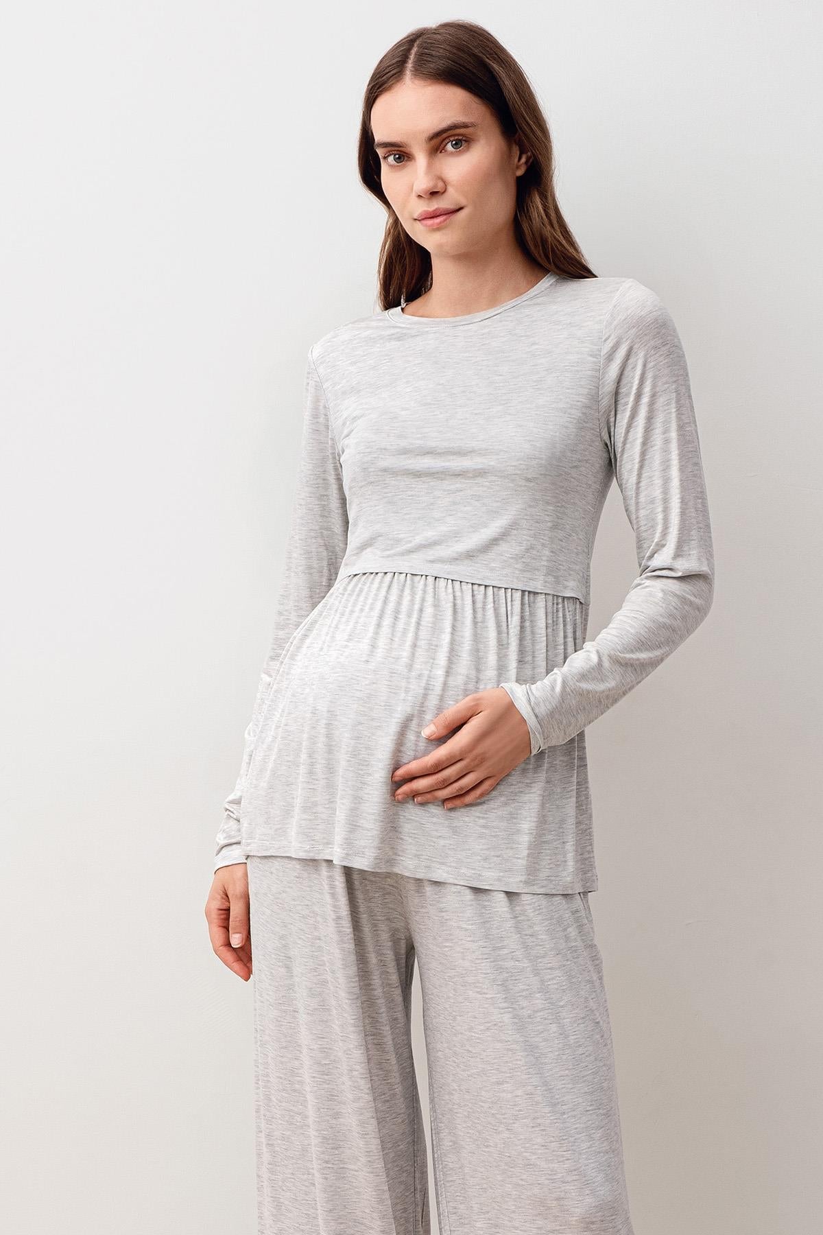 Uzun Kollu Esnek Likralı Viskoz Hamile Pijama Takım 20212