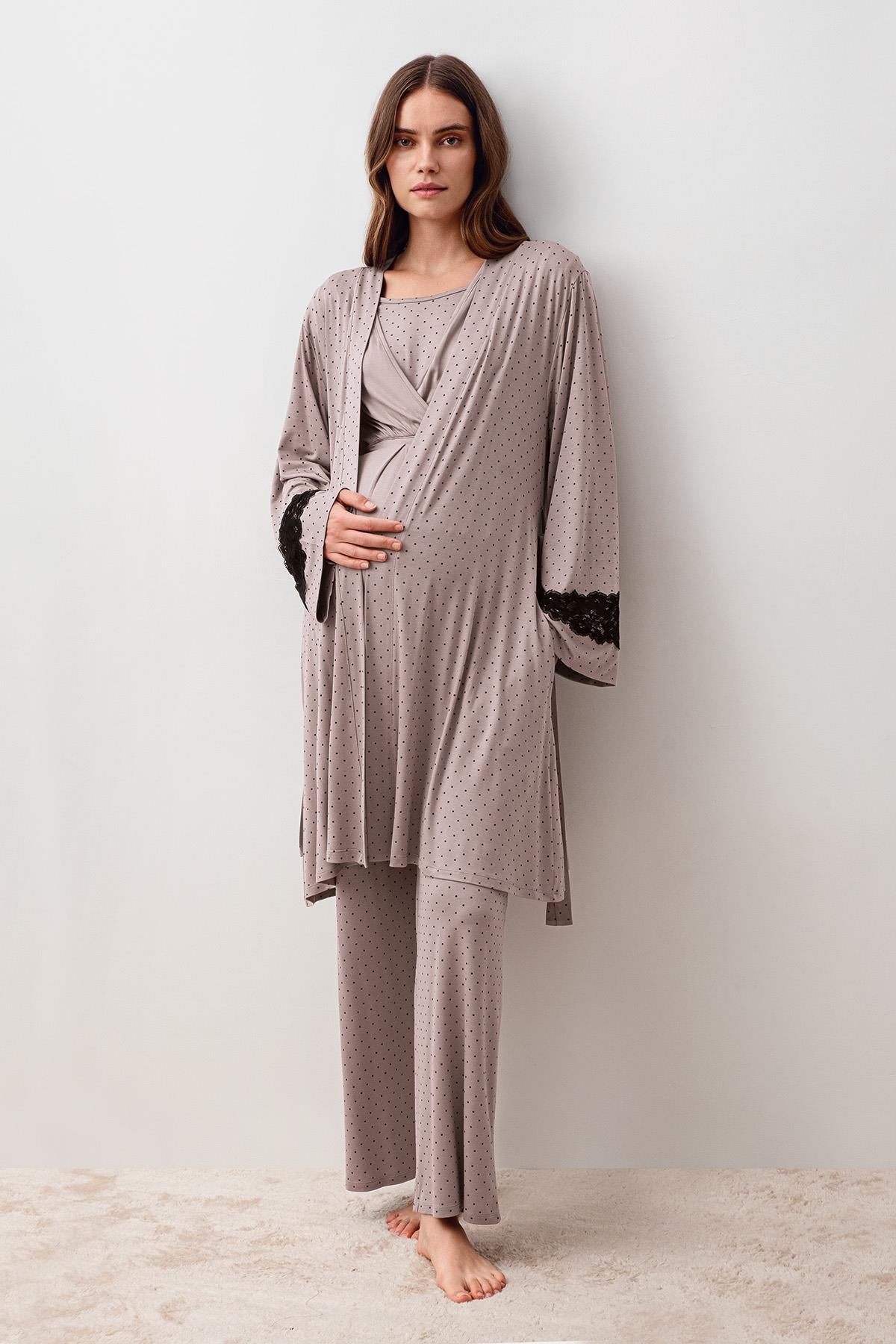 Uzun Kollu Puantiyeli Likralı Viskoz Hamile Sabahlık Pijama Takım 20307