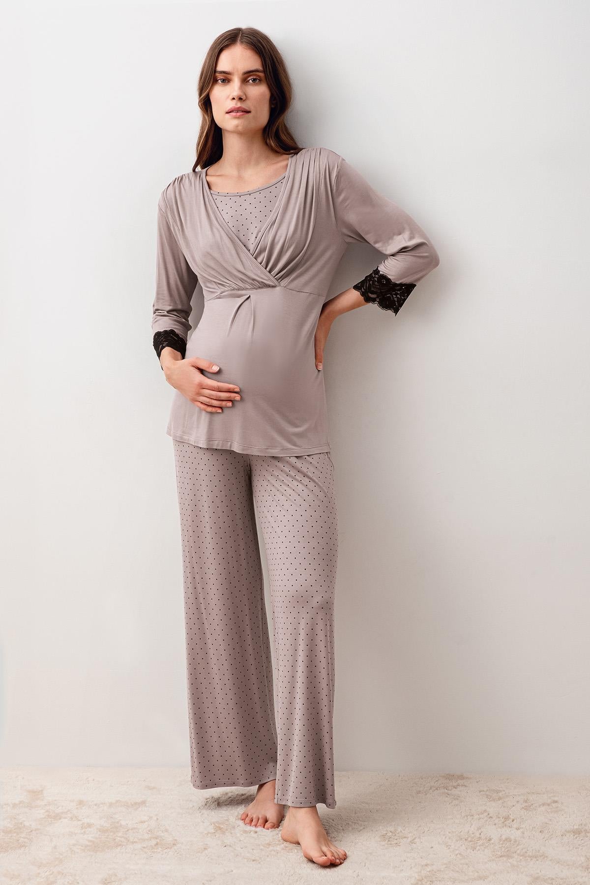 Uzun Kollu Puantiyeli Likralı Viskoz Hamile Sabahlık Pijama Takım 20307