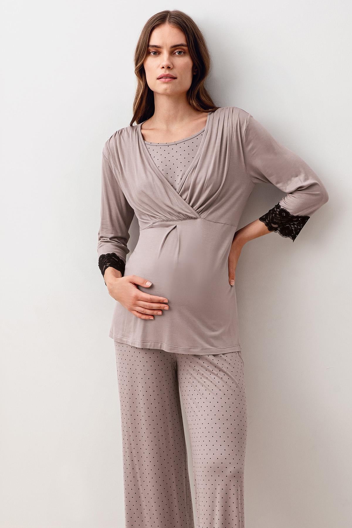 Uzun Kollu Puantiyeli Likralı Viskoz Hamile Sabahlık Pijama Takım 20307