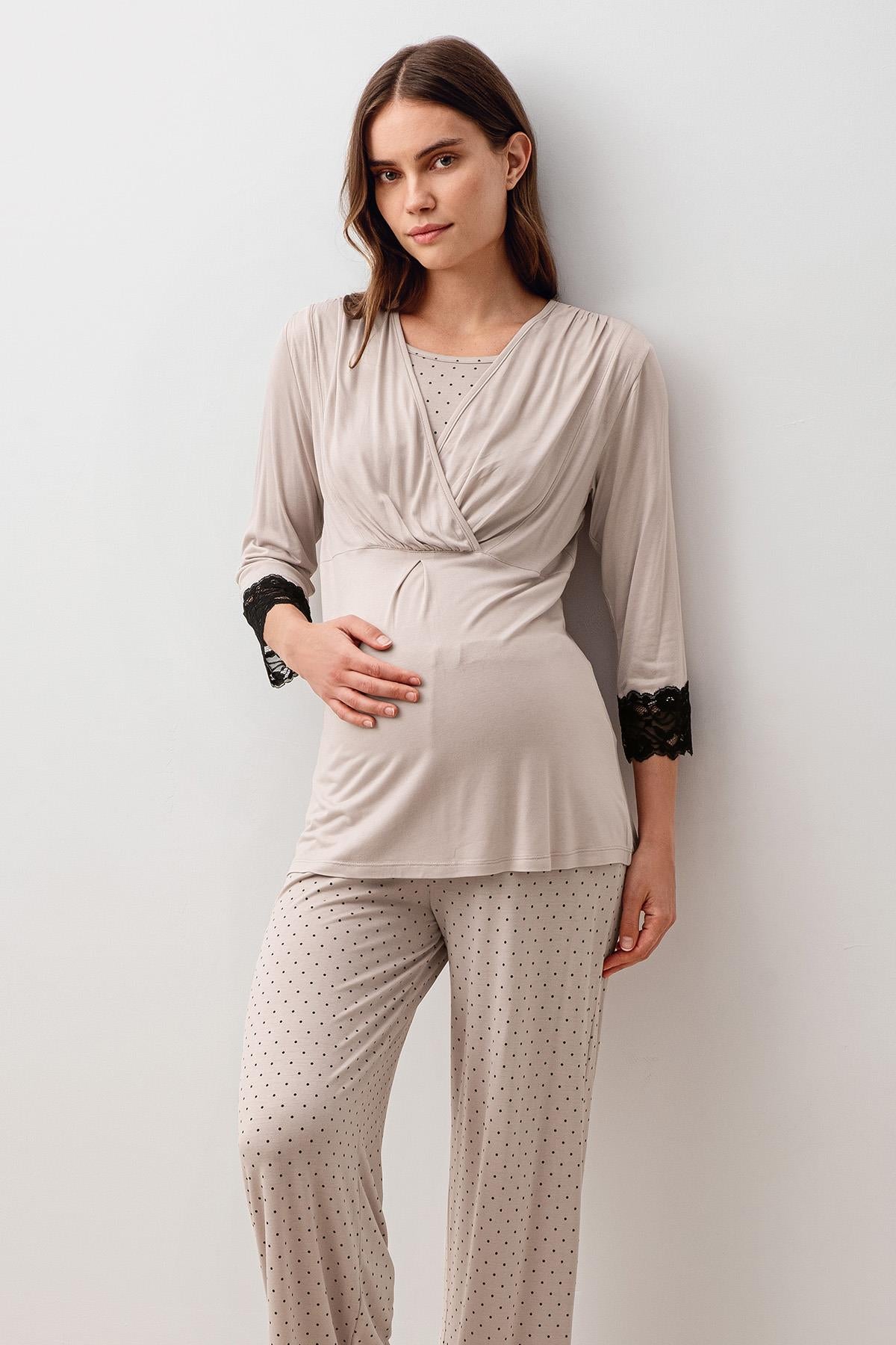 Uzun Kollu Puantiyeli Likralı Viskoz Hamile Sabahlık Pijama Takım 20307
