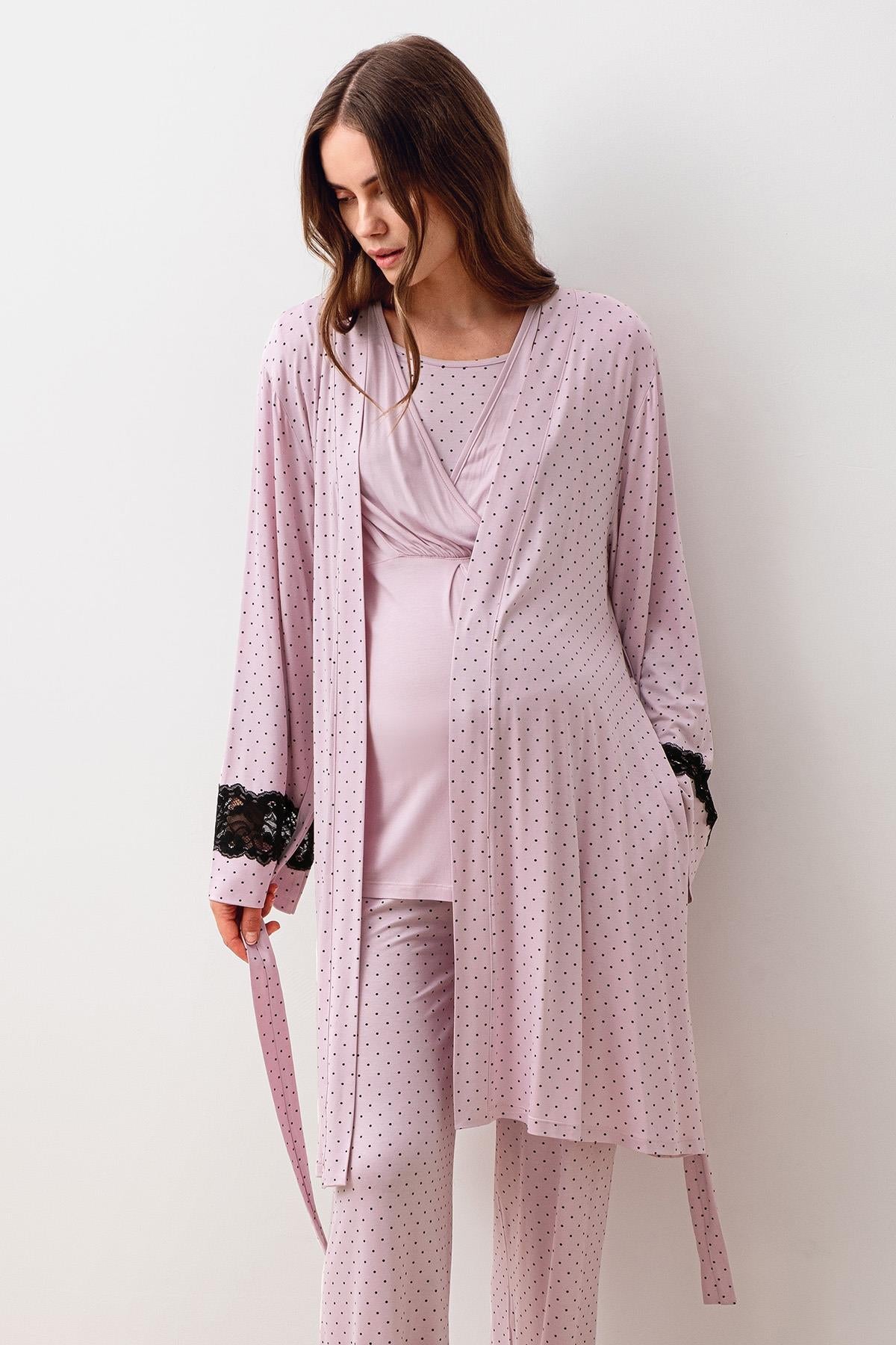 Uzun Kollu Puantiyeli Likralı Viskoz Hamile Sabahlık Pijama Takım 20307
