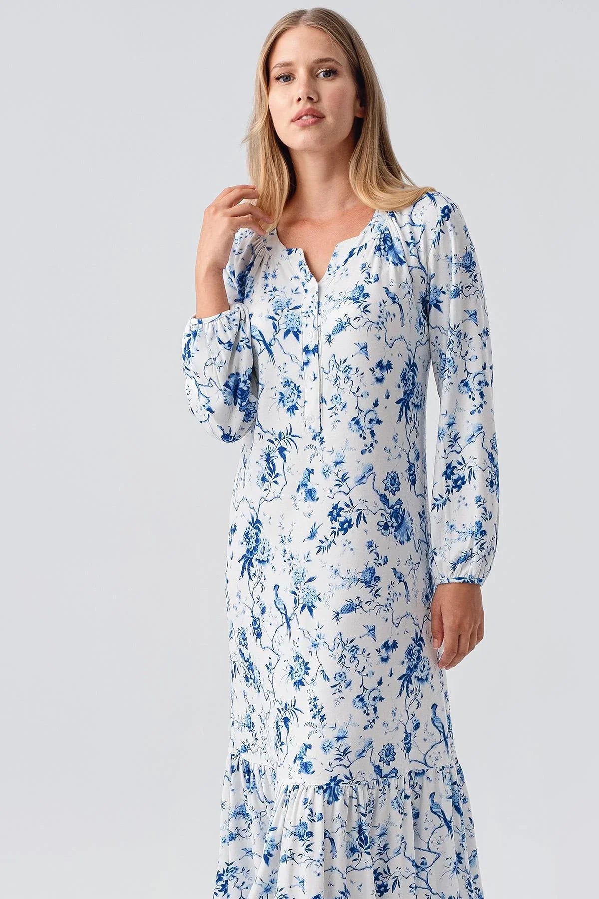 Termal Uzun Kollu Düğmeli Desenli Esnek Yumuşak Dokulu Gecelik 18110