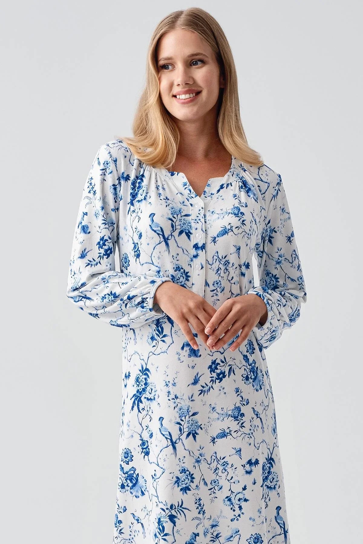 Termal Uzun Kollu Düğmeli Desenli Esnek Yumuşak Dokulu Gecelik 18110