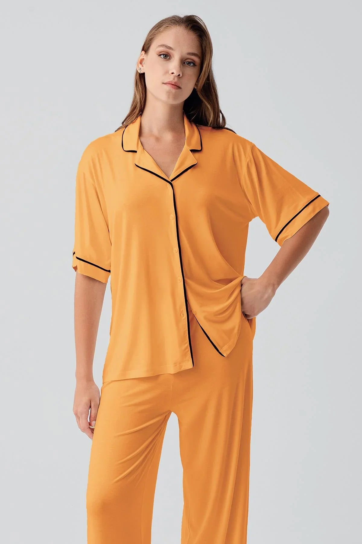 Kısa Kollu Düğmeli Oversize Esnek Viskoz Pijama Takım 19210 - Artış Collection