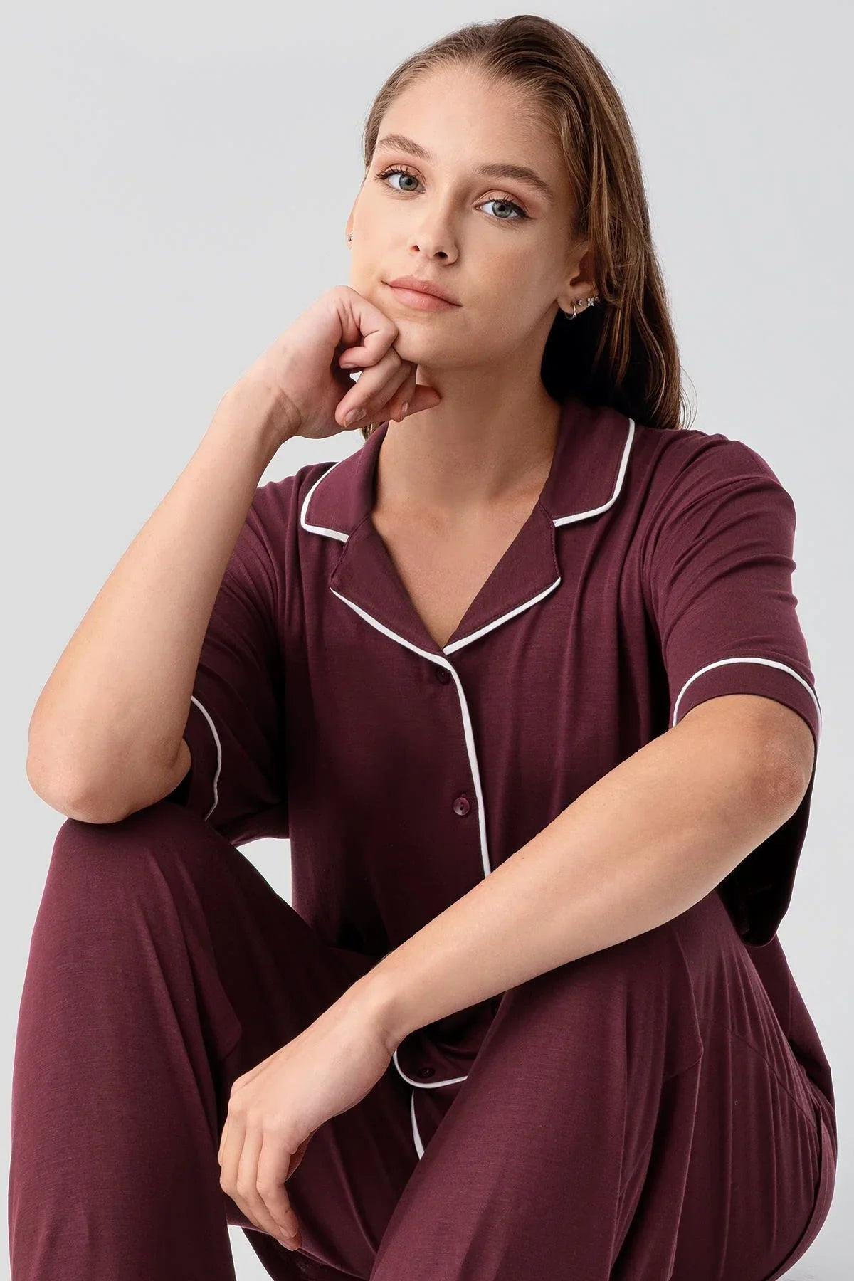 Kısa Kollu Düğmeli Oversize Esnek Viskoz Pijama Takım 19210 - Artış Collection