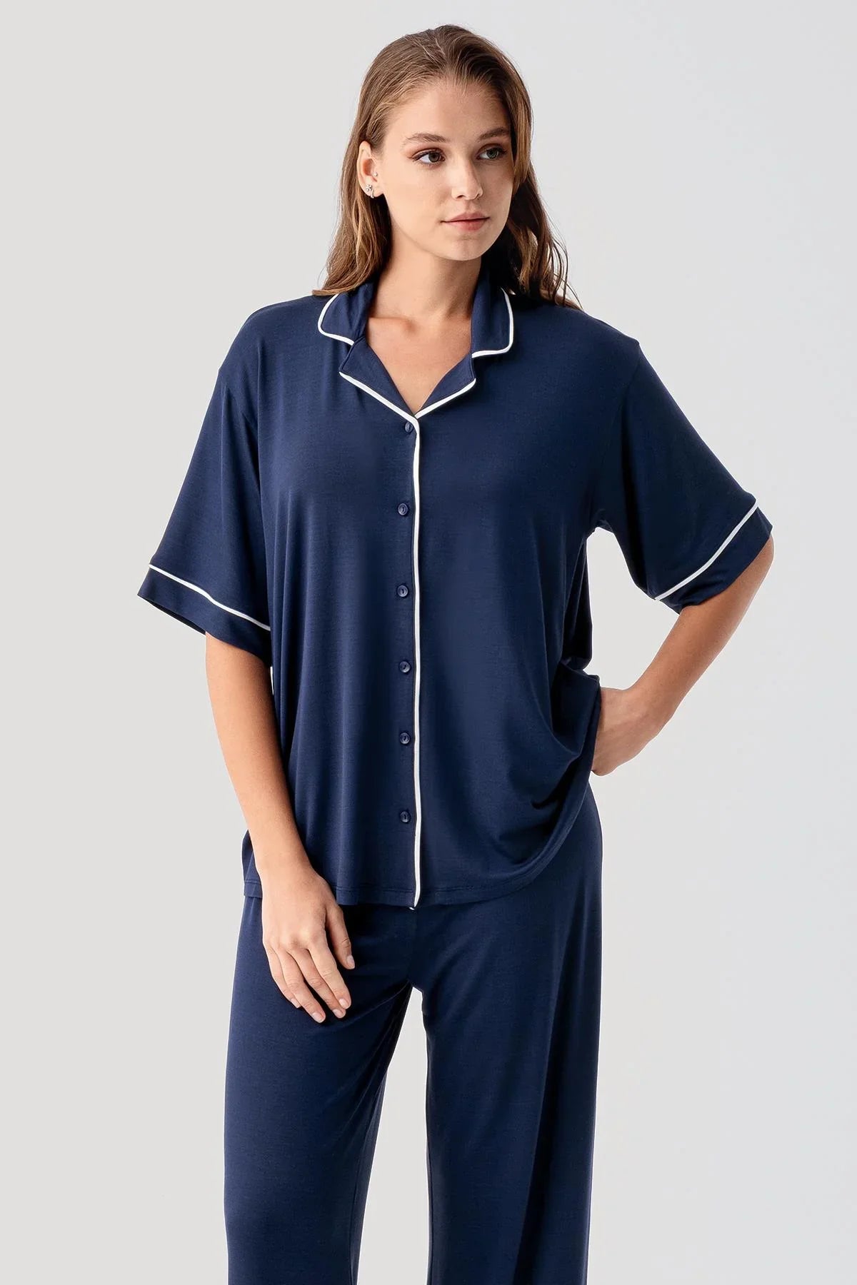 Kısa Kollu Düğmeli Oversize Esnek Viskoz Pijama Takım 19210 - Artış Collection