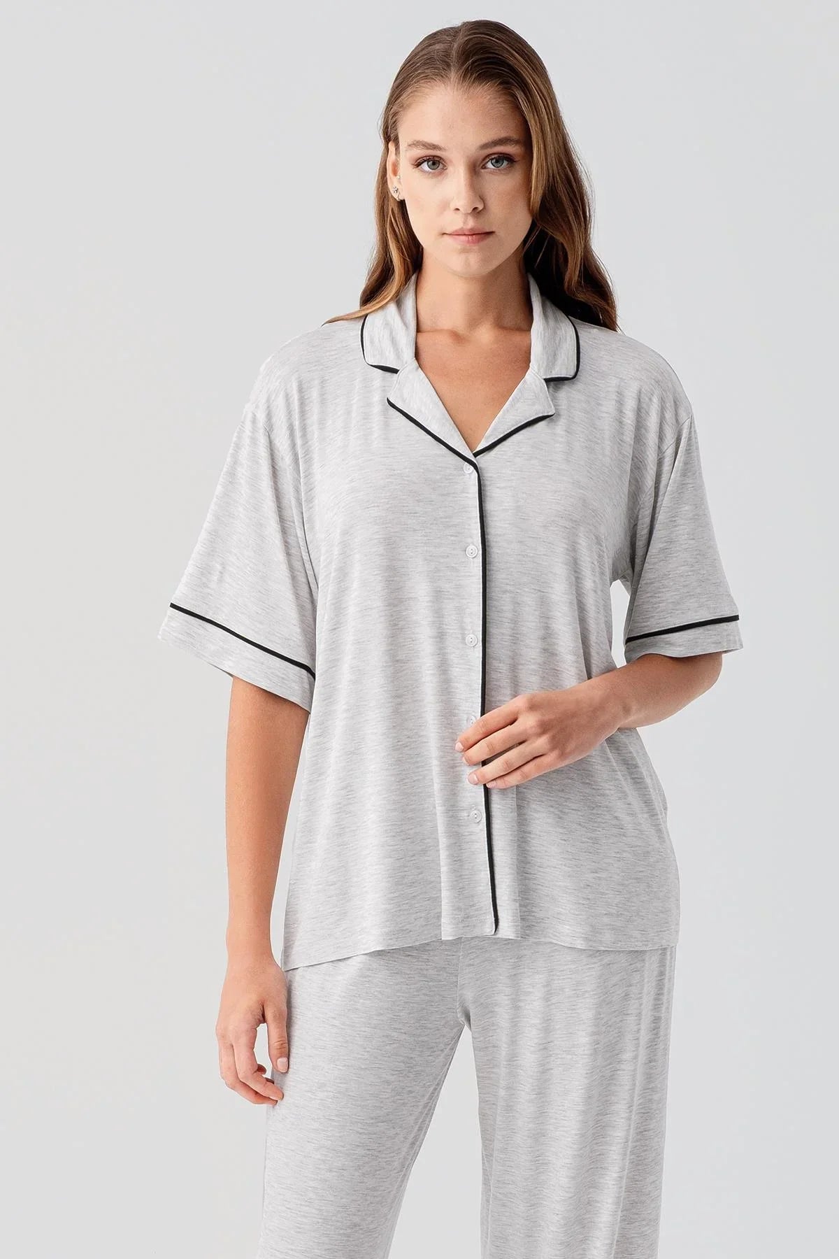 Kısa Kollu Düğmeli Oversize Esnek Viskoz Pijama Takım 19210 - Artış Collection