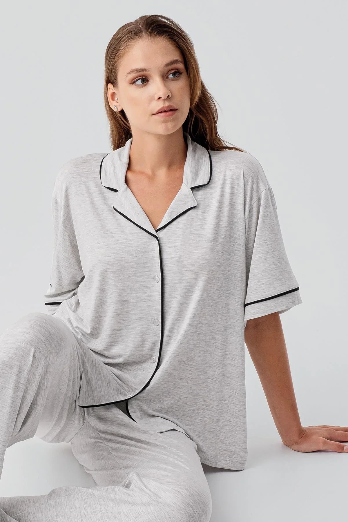 Kısa Kollu Düğmeli Oversize Esnek Viskoz Pijama Takım 19210 - Artış Collection