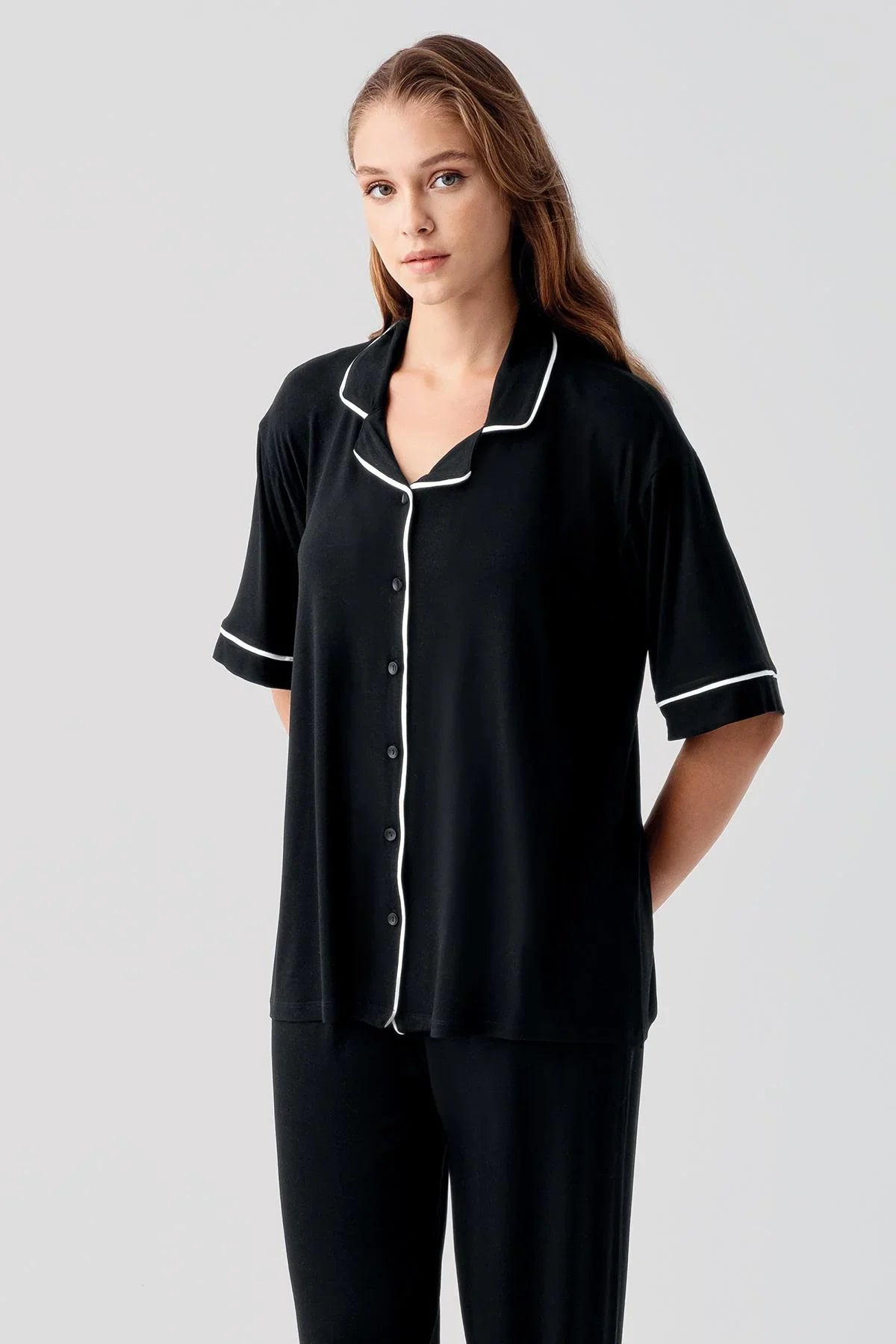 Kısa Kollu Düğmeli Oversize Esnek Viskoz Pijama Takım 19210 - Artış Collection