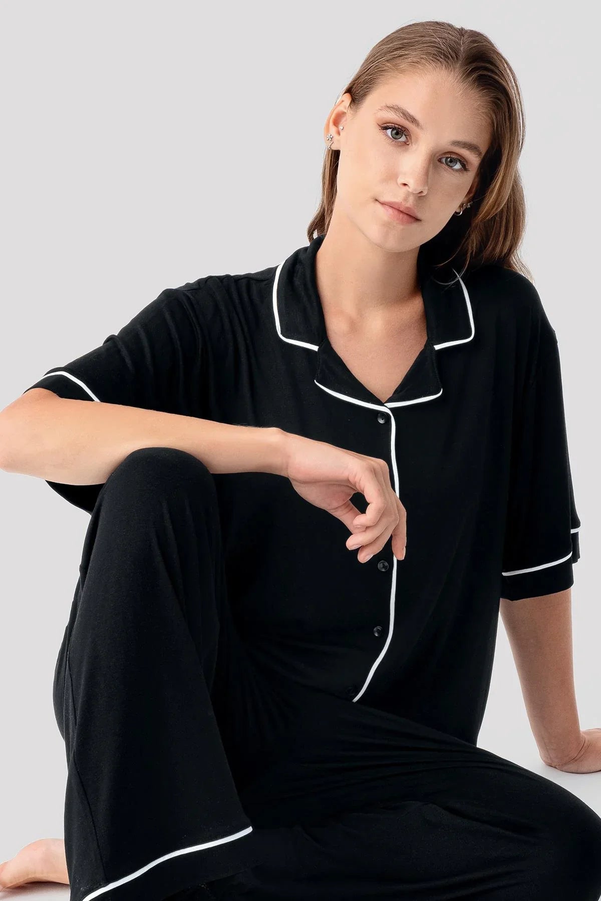 Kısa Kollu Düğmeli Oversize Esnek Viskoz Pijama Takım 19210 - Artış Collection