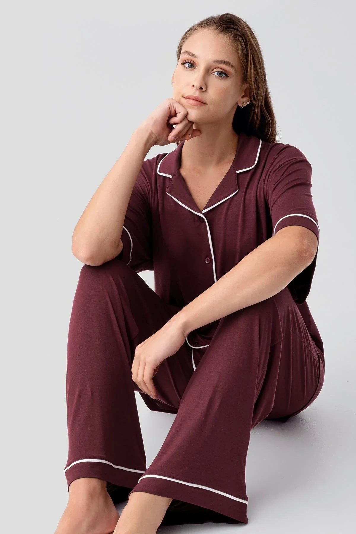 Kısa Kollu Düğmeli Oversize Esnek Viskoz Pijama Takım 19210 - Artış Collection