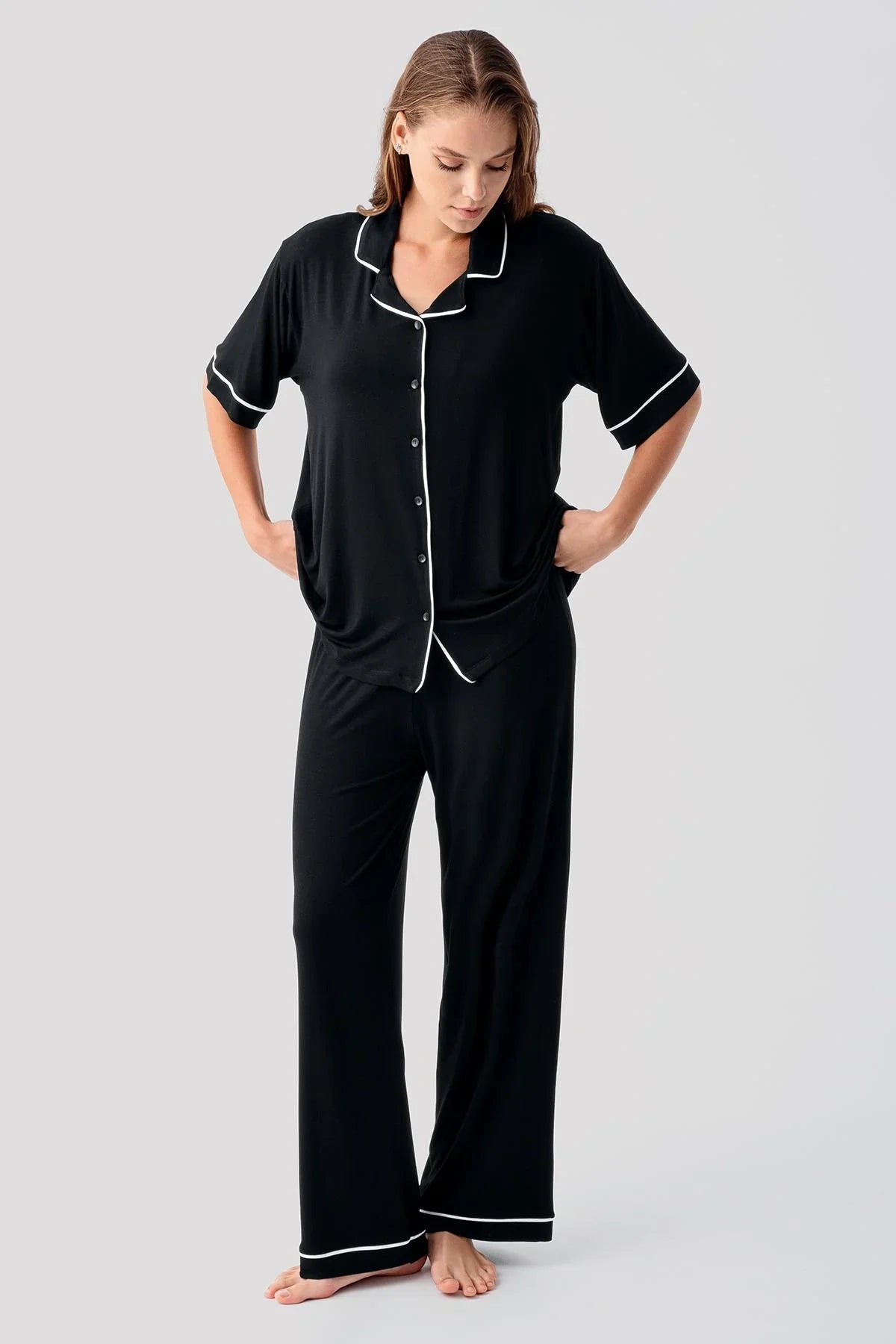 Kısa Kollu Düğmeli Oversize Esnek Viskoz Pijama Takım 19210 - Artış Collection