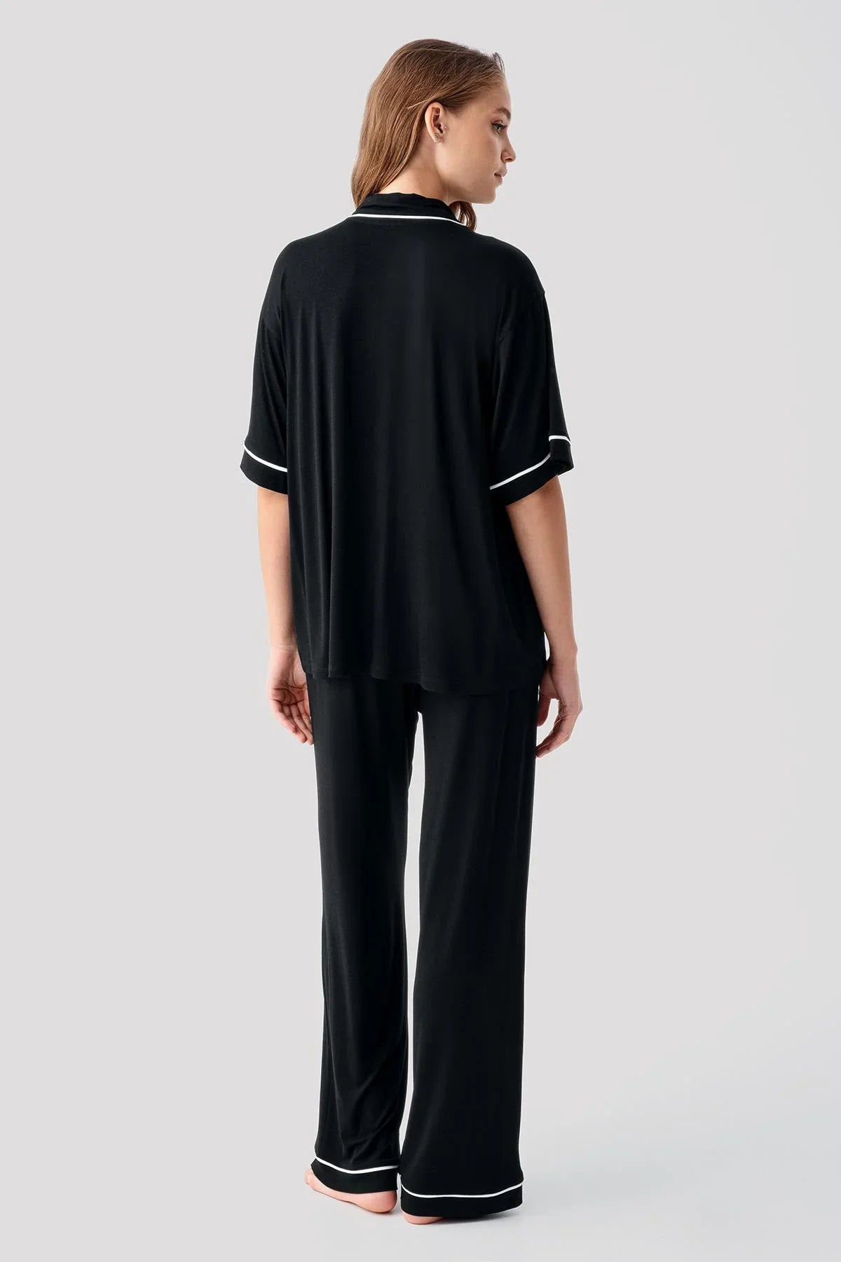 Kısa Kollu Düğmeli Oversize Esnek Viskoz Pijama Takım 19210 - Artış Collection