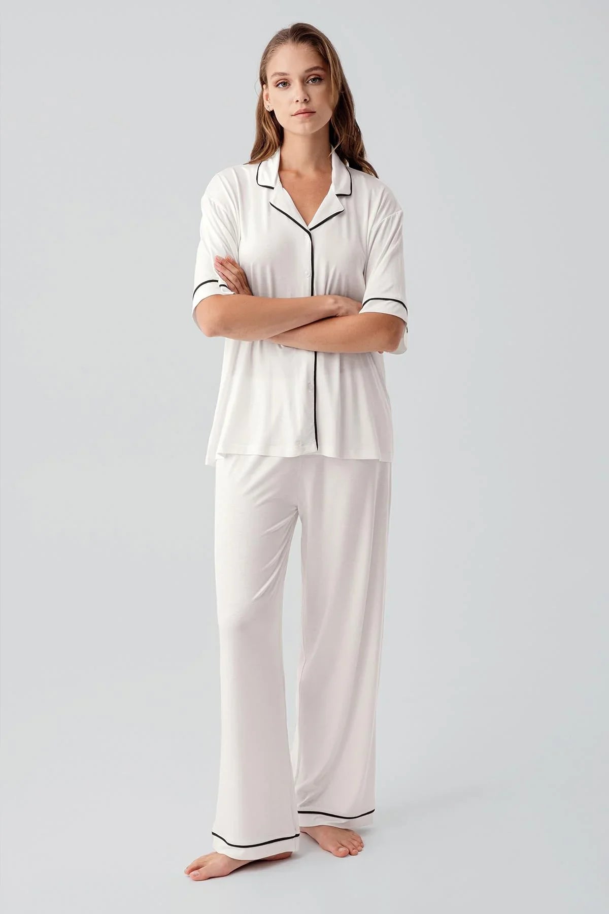 Kısa Kollu Düğmeli Oversize Esnek Viskoz Pijama Takım 19210 - Artış Collection