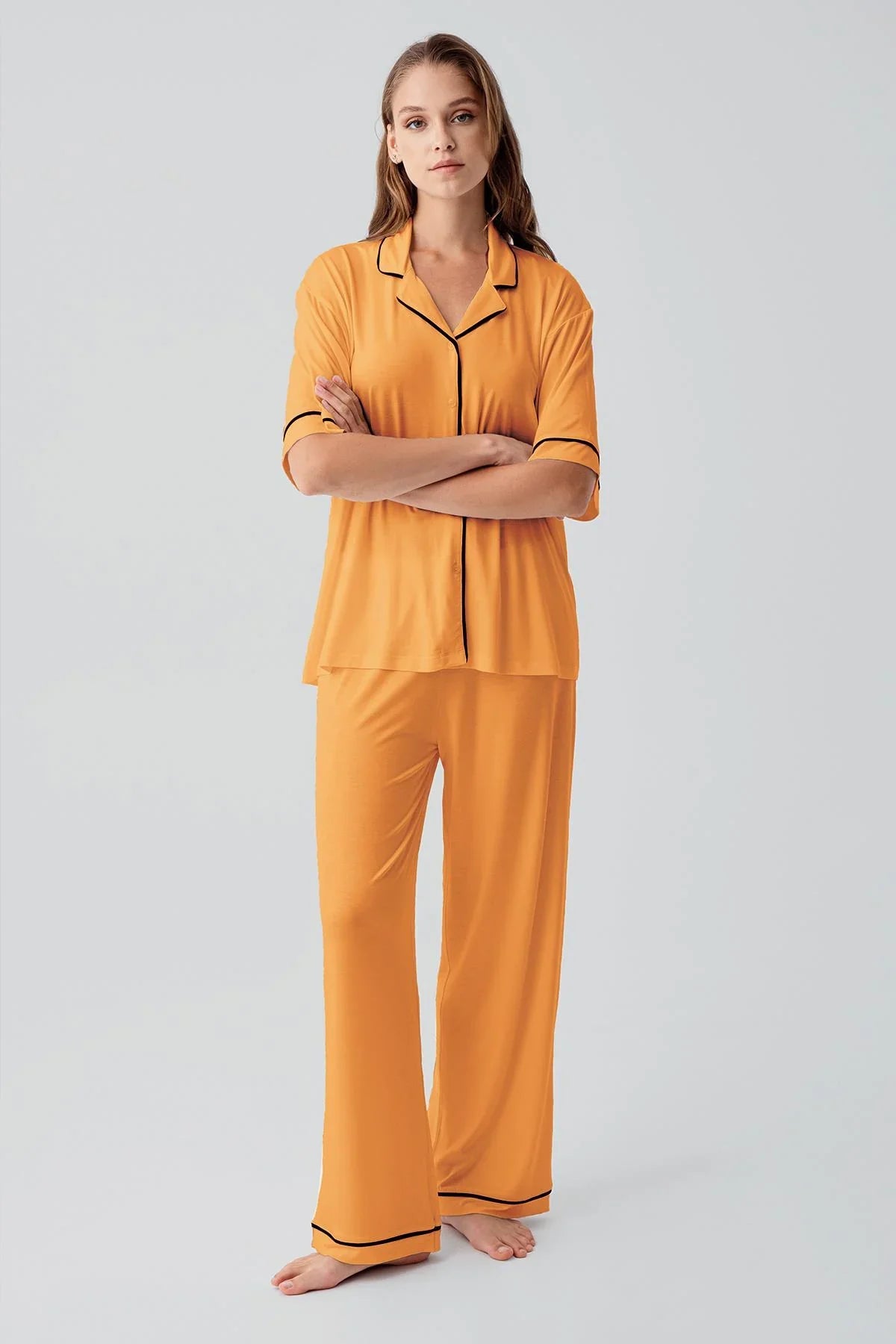 Kısa Kollu Düğmeli Oversize Esnek Viskoz Pijama Takım 19210 - Artış Collection