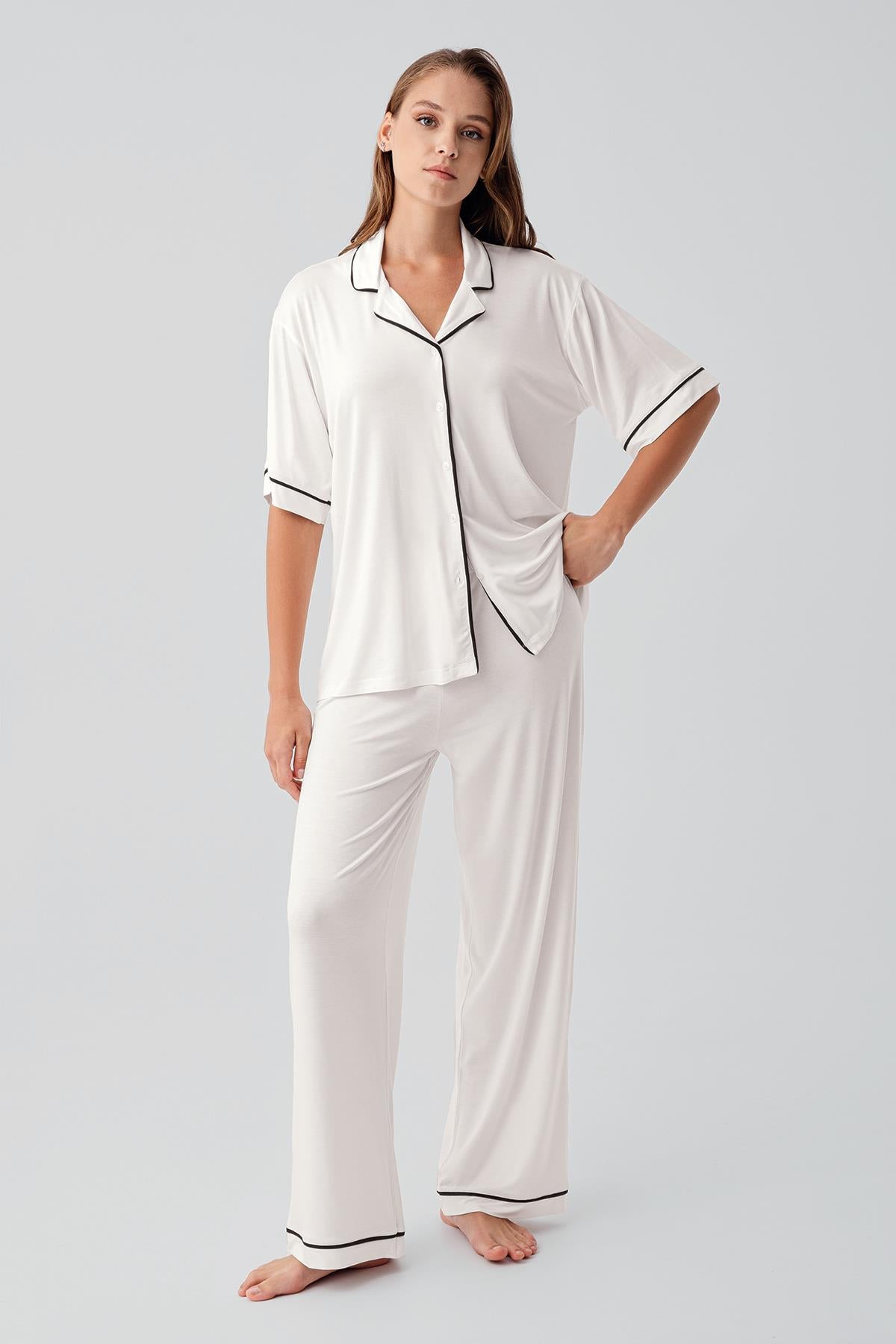 Kısa Kollu Düğmeli Oversize Esnek Viskoz Pijama Takım 19210 - Artış Collection