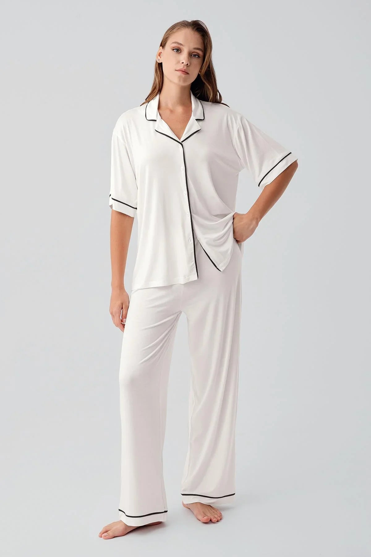 Kısa Kollu Düğmeli Oversize Esnek Viskoz Pijama Takım 19210 - Artış Collection
