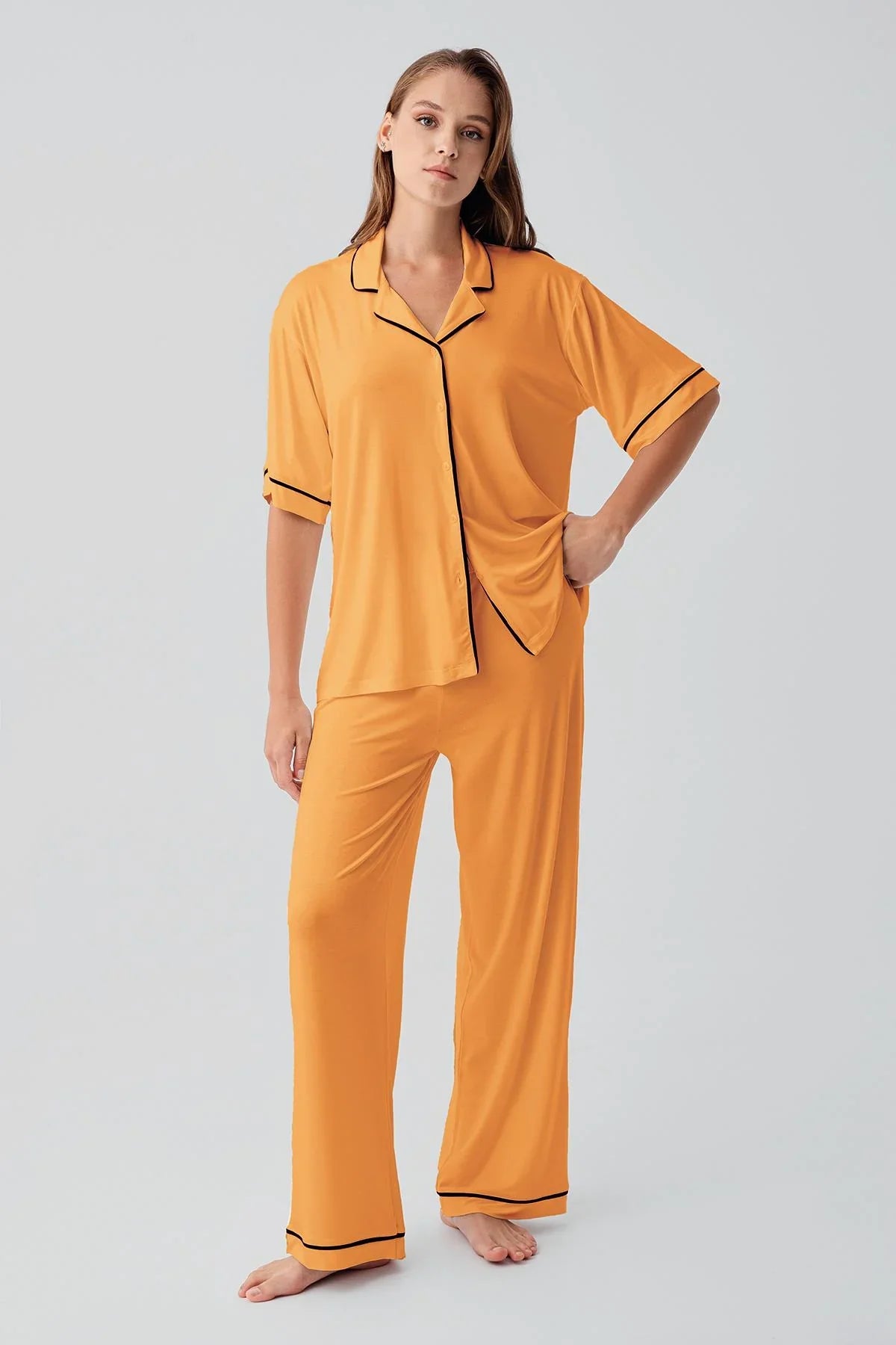 Kısa Kollu Düğmeli Oversize Esnek Viskoz Pijama Takım 19210 - Artış Collection