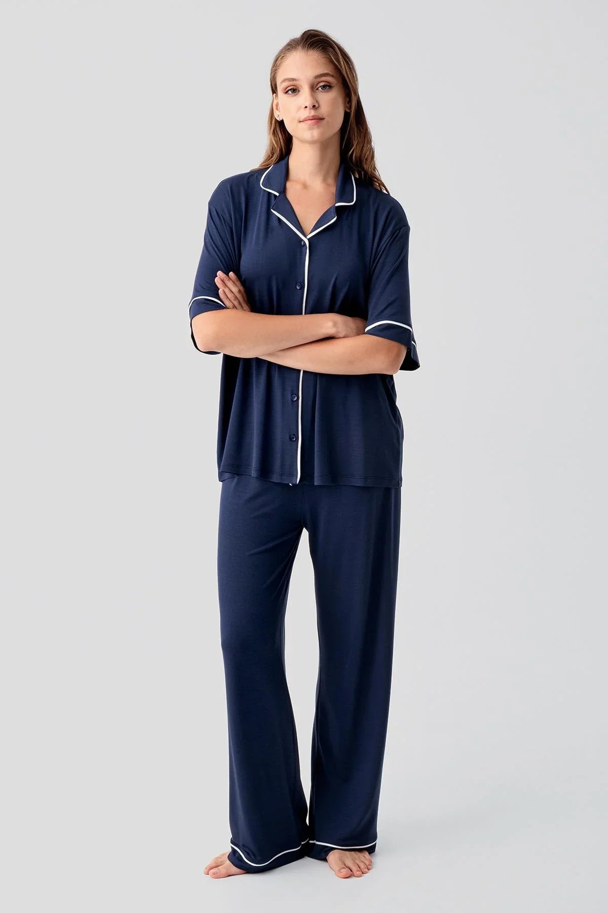 Kısa Kollu Düğmeli Oversize Esnek Viskoz Pijama Takım 19210 - Artış Collection