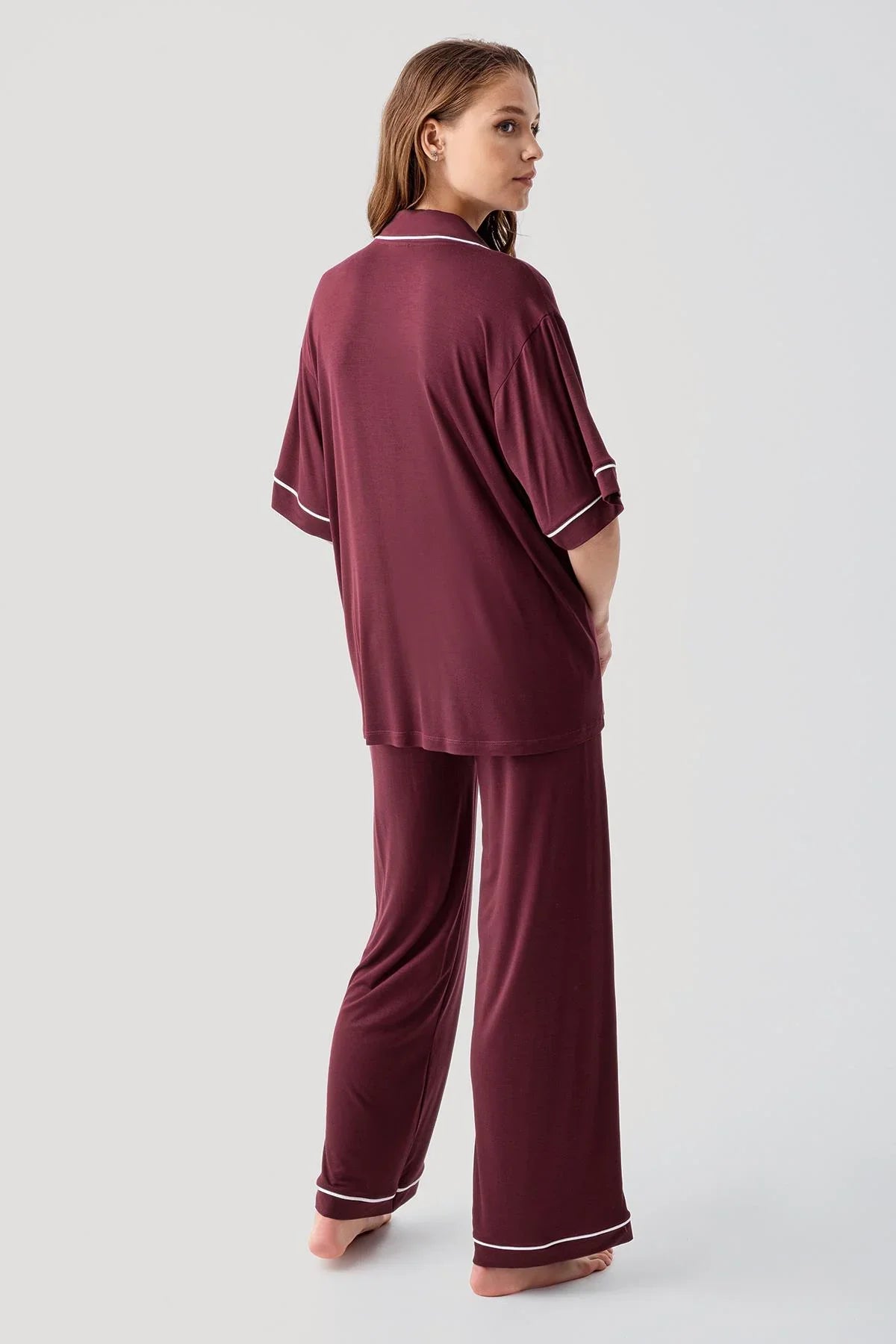 Kısa Kollu Düğmeli Oversize Esnek Viskoz Pijama Takım 19210 - Artış Collection